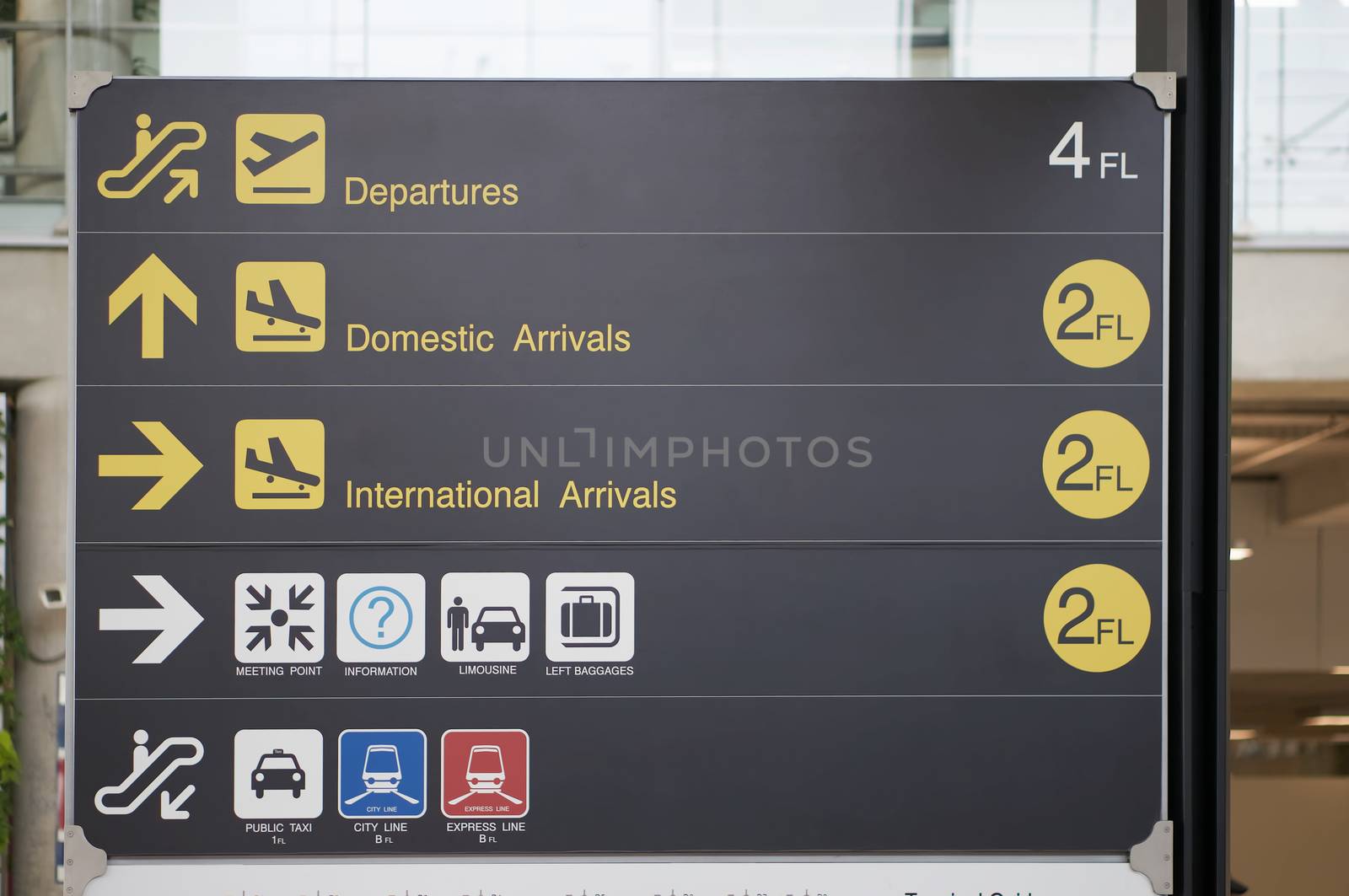 Departure, arrivals and transport guide board sign at international airport by eaglesky