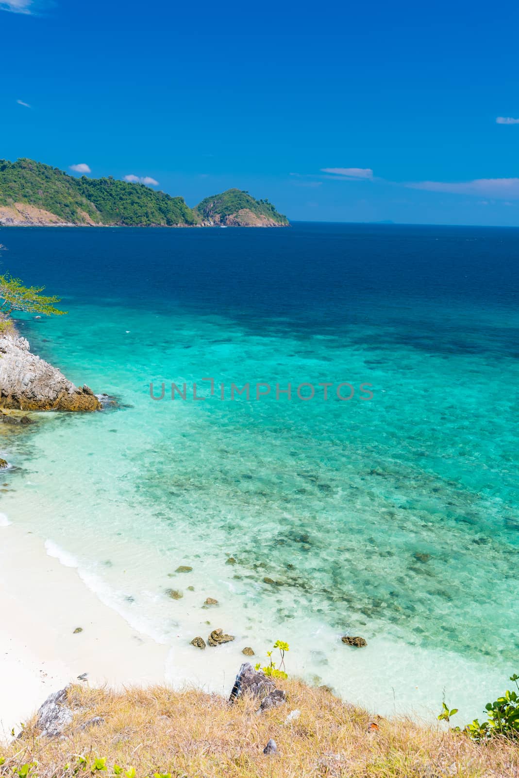 Aerial View point of Tropical white sand beach and snorkel point at cockburn island andaman sea indian ocean Myanmar and Thailand.