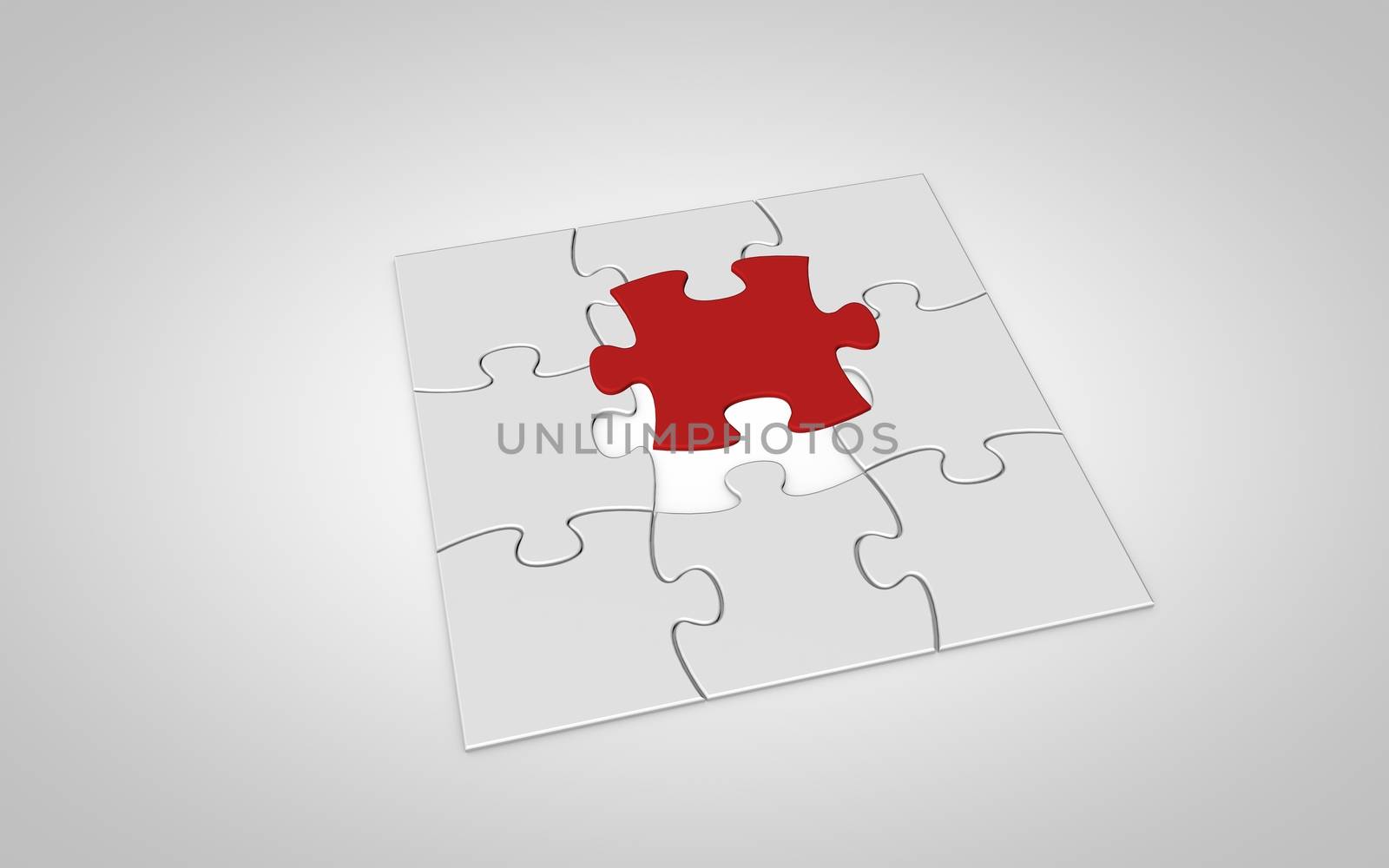 Nine puzzle pieces falling from top to white background. Final red puzzle piece falls into place.