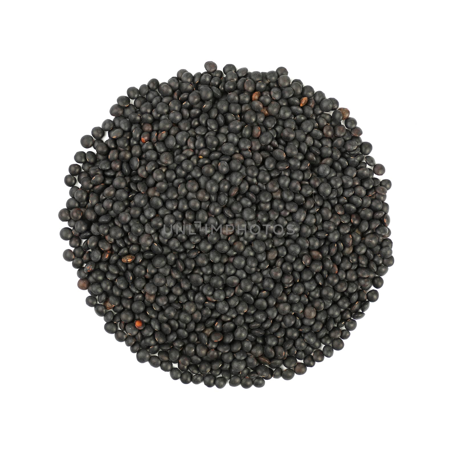 Round shaped black Beluga lentil lens isolated on white background, close up, elevated top view