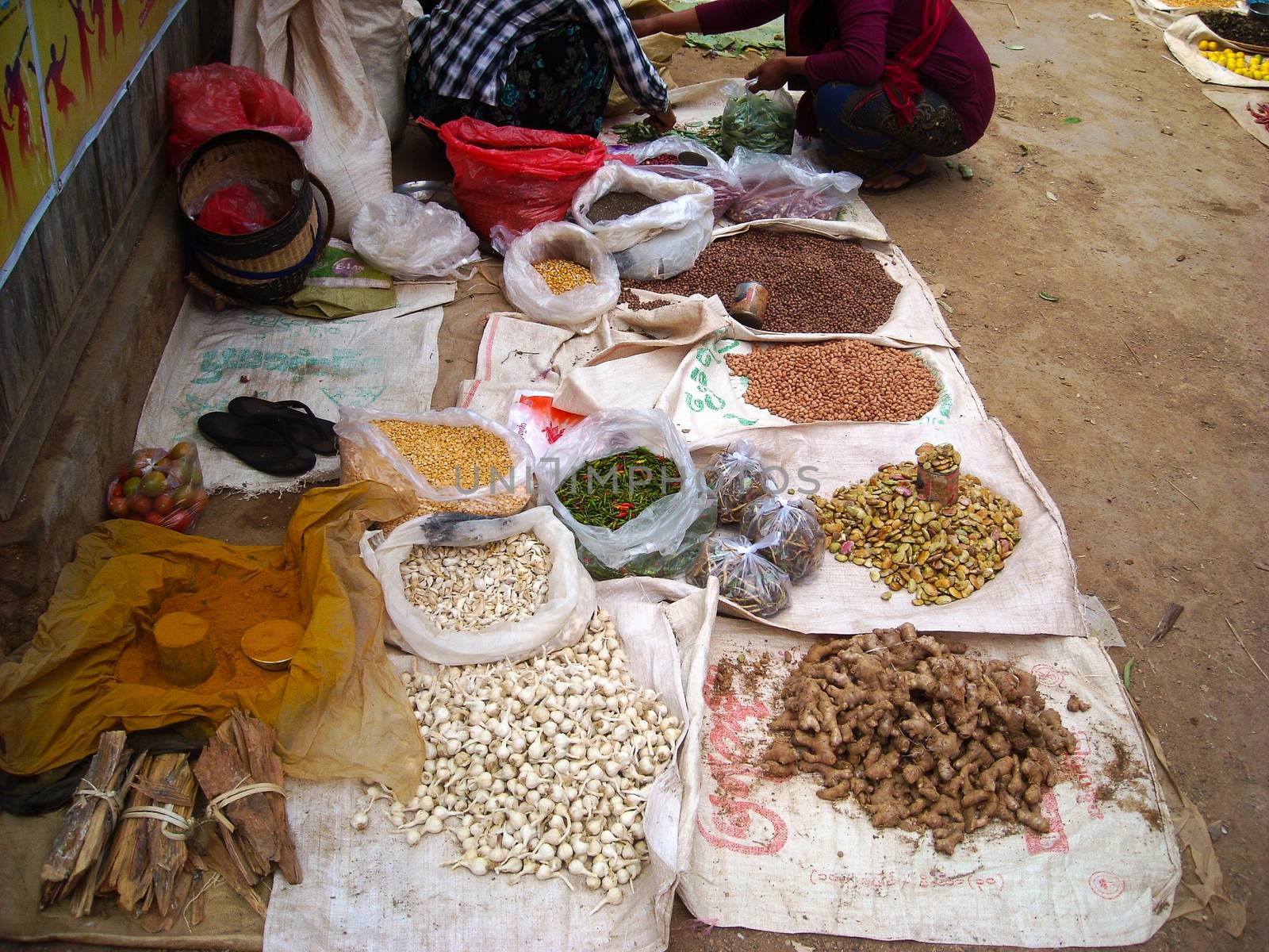rice and beans in a market in burma
