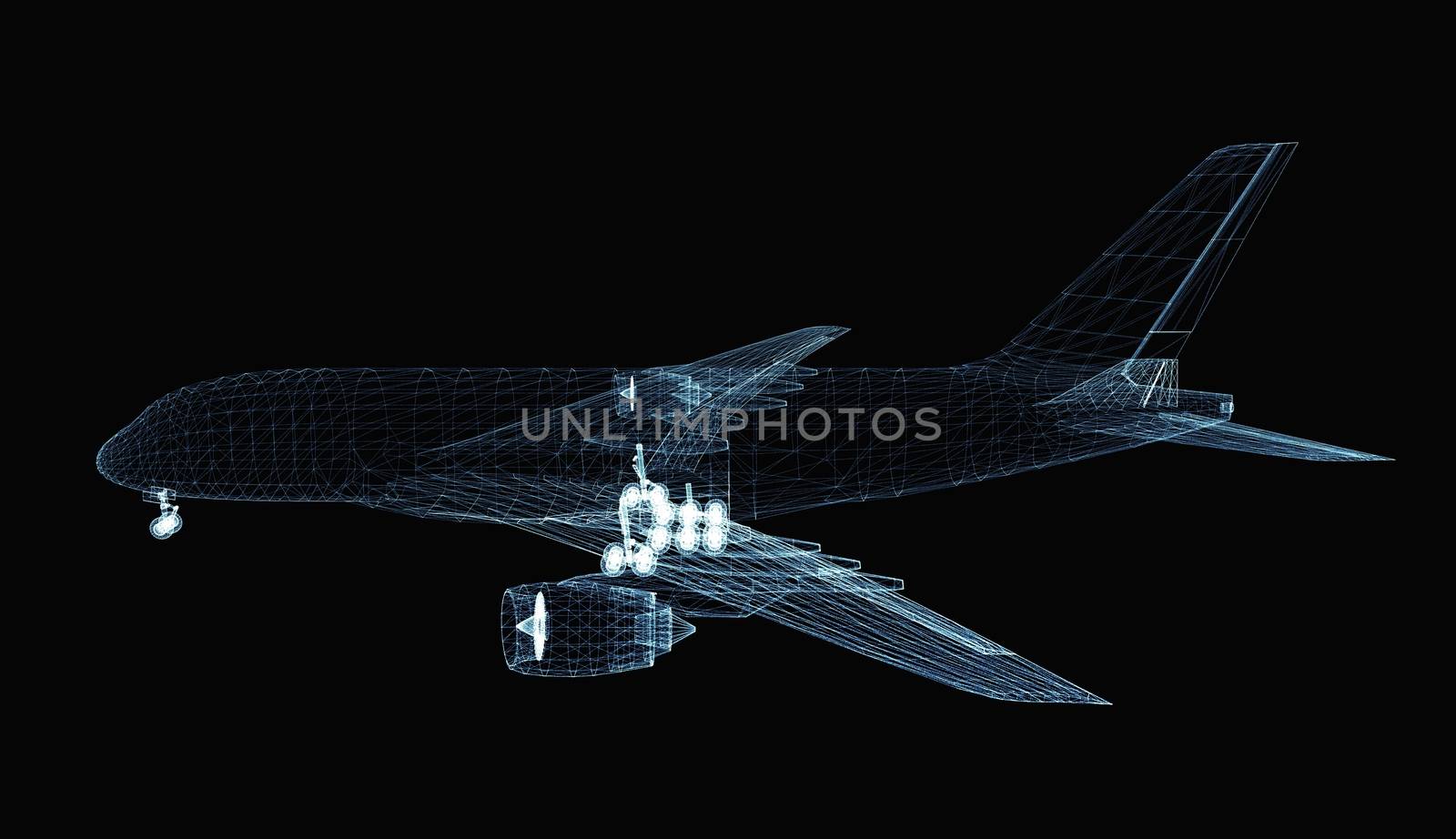 Abstract digital airplane consisting of luminous lines and dots. 3d illustration on a black background