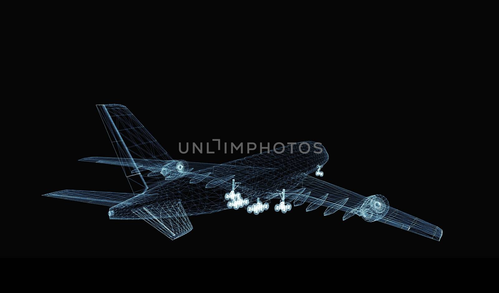 Abstract digital airplane consisting of luminous lines and dots. 3d illustration on a black background