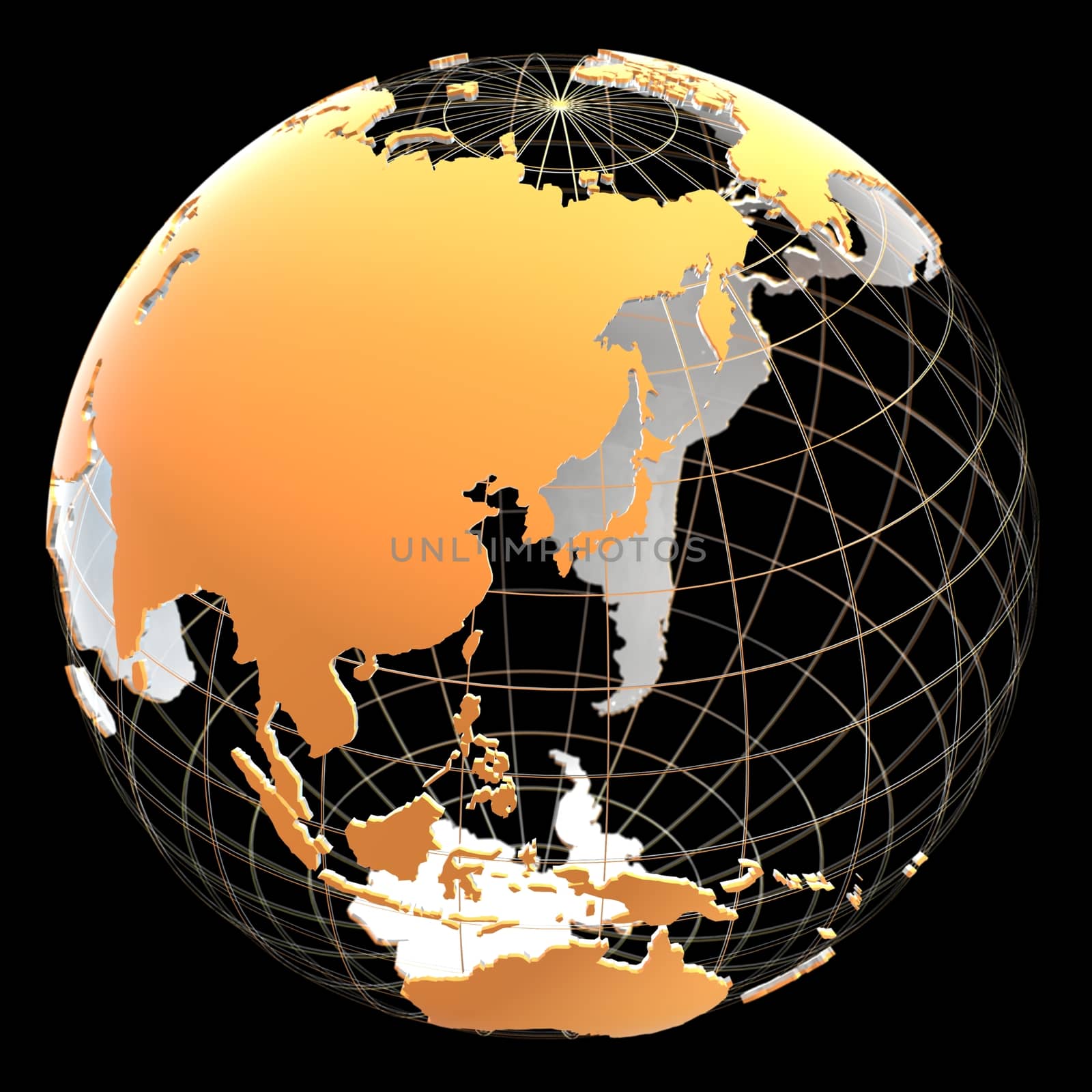 3d globe with continents and meridian lines. Orange and metallic colors. 3d illustration on a black background