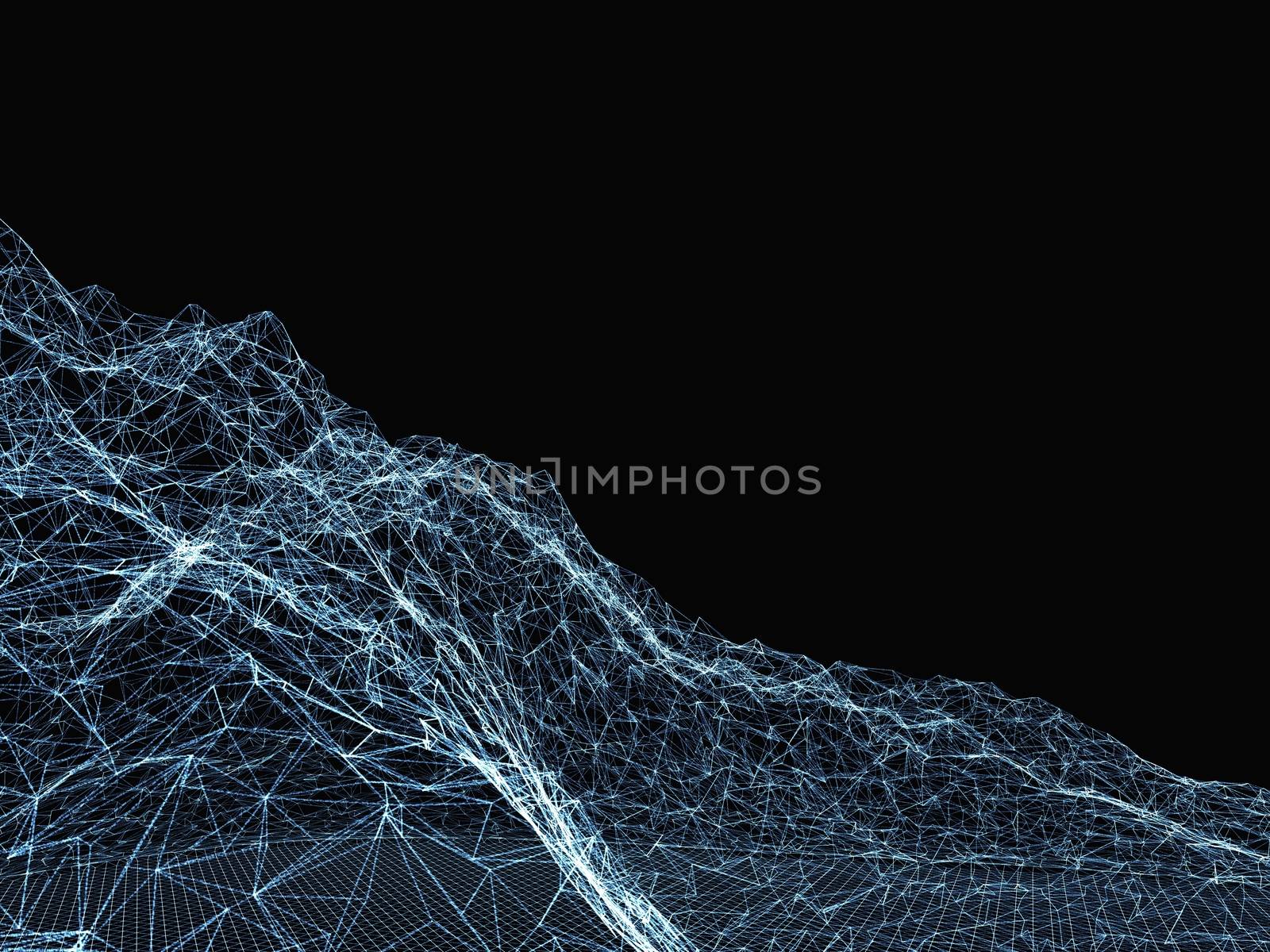 Abstract digital landscape with particles and plexus effect. 3d illustration on black background