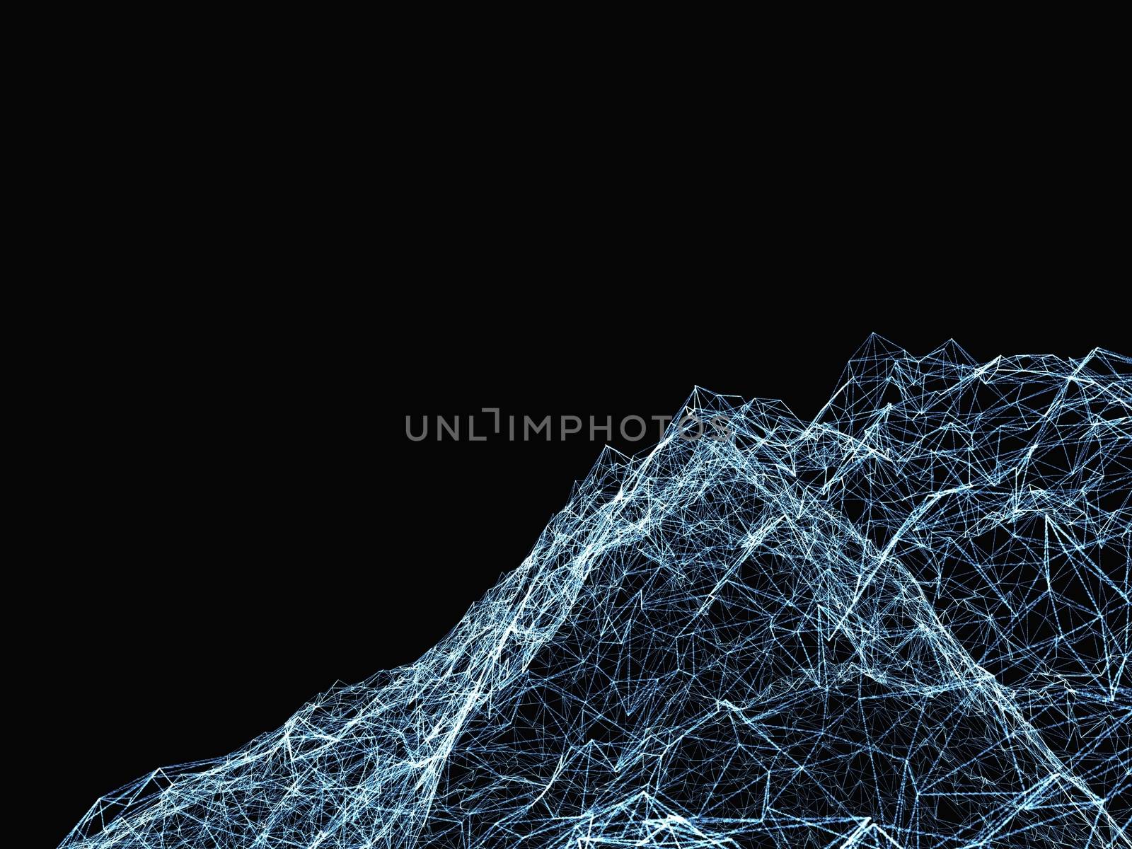 Abstract digital landscape with particles and plexus effect. 3d illustration on black background