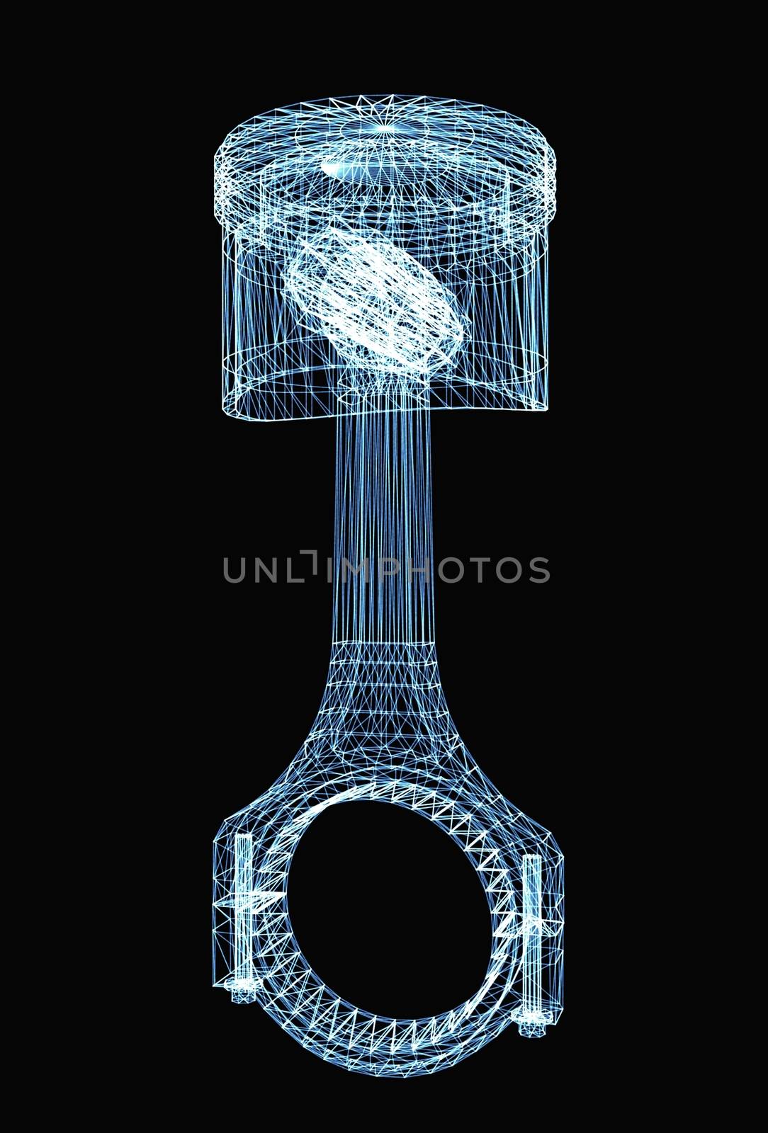 Engine piston consisting of luminous lines and dots. 3d illustration on a black background