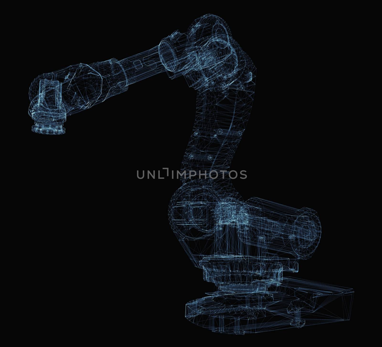 Industrial robot arm consisting of luminous lines and dots. 3d illustration on a black background