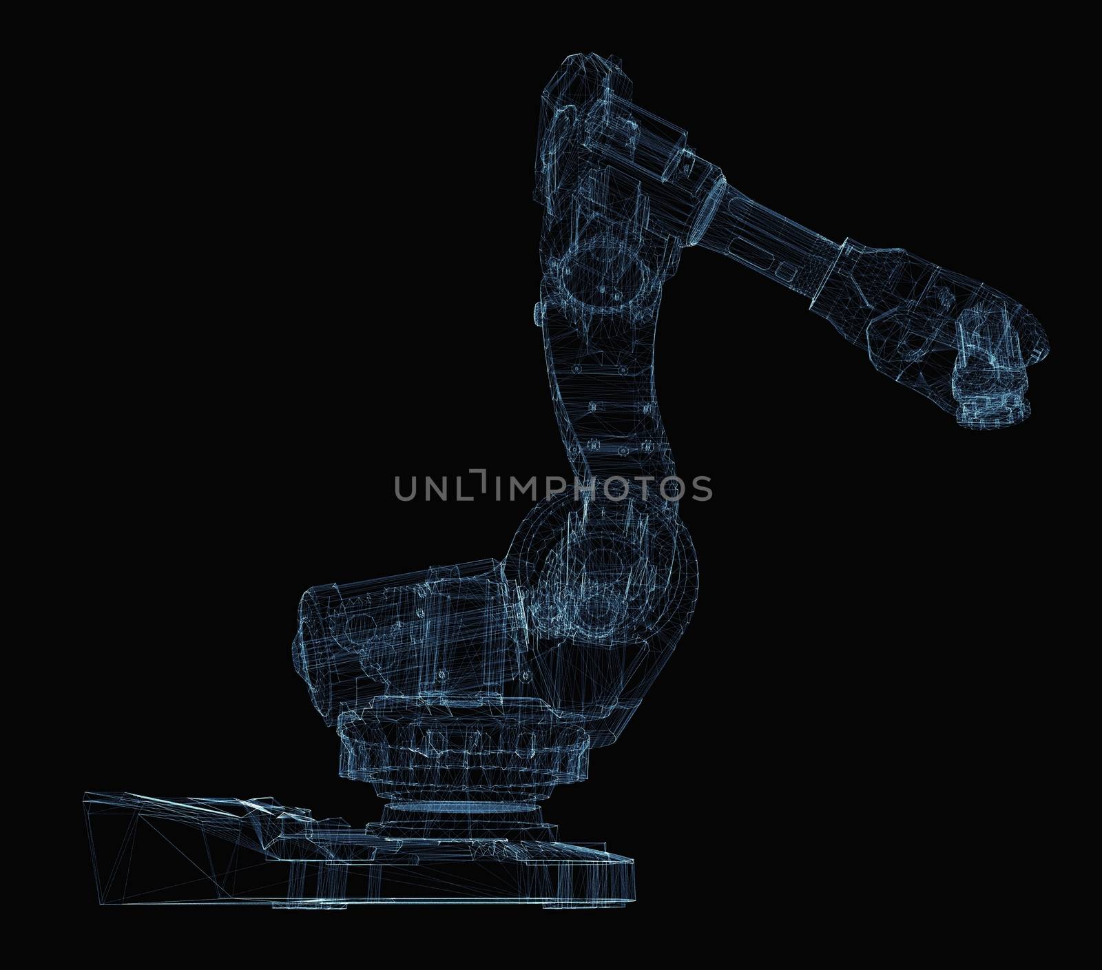 Industrial robot arm consisting of luminous lines and dots. 3d illustration on a black background