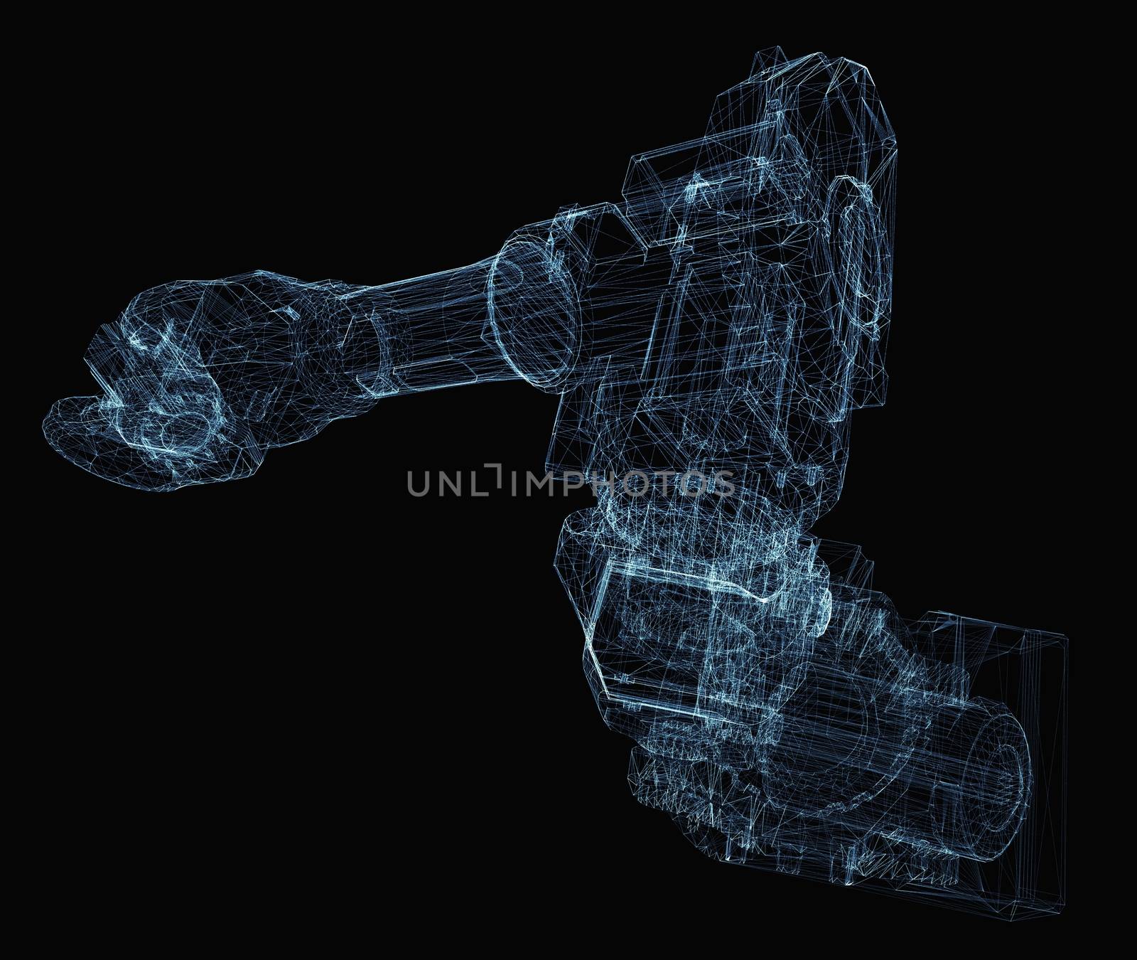 Industrial robot arm consisting of luminous lines and dots. 3d illustration on a black background