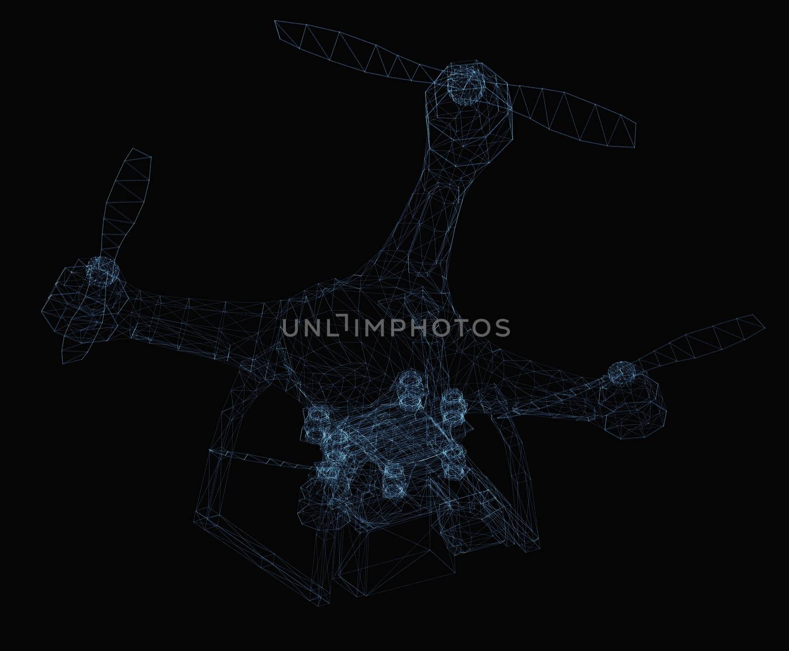 Drone concept consisting of luminous lines and dots. 3d illustration on a black background