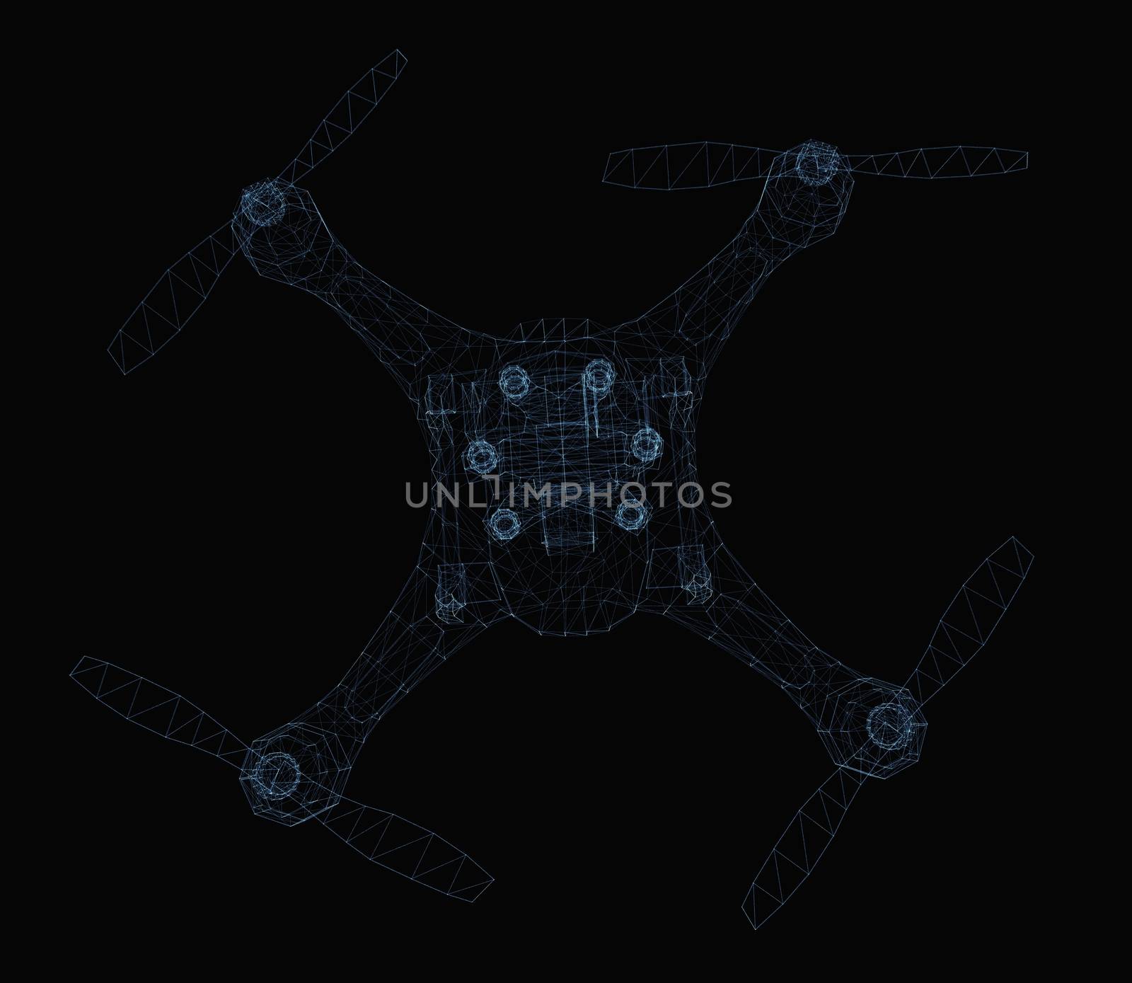 Drone concept consisting of luminous lines and dots. 3d illustration on a black background