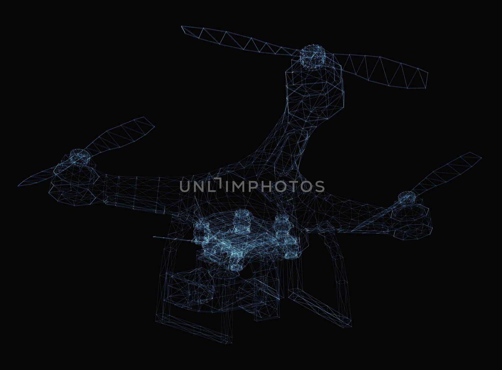 Drone concept consisting of luminous lines and dots. 3d illustration on a black background