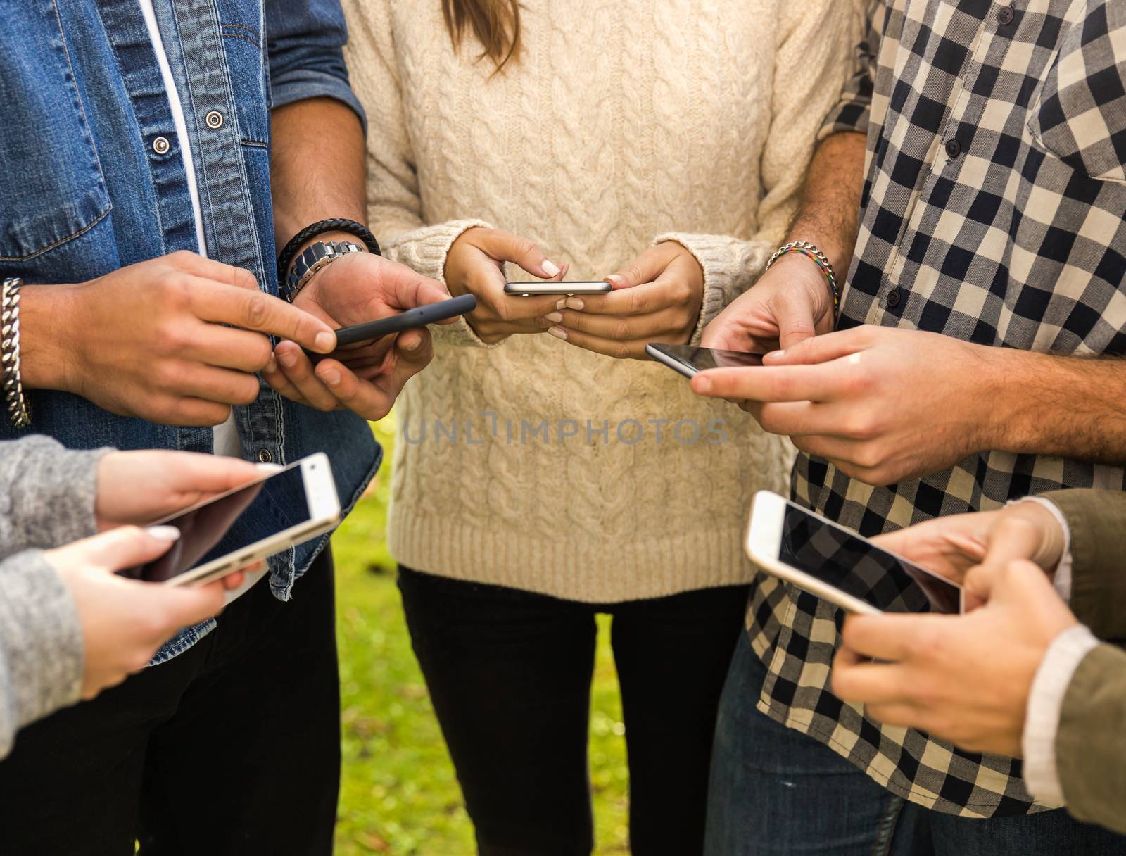 Group of friends in the park hanging out on social networks