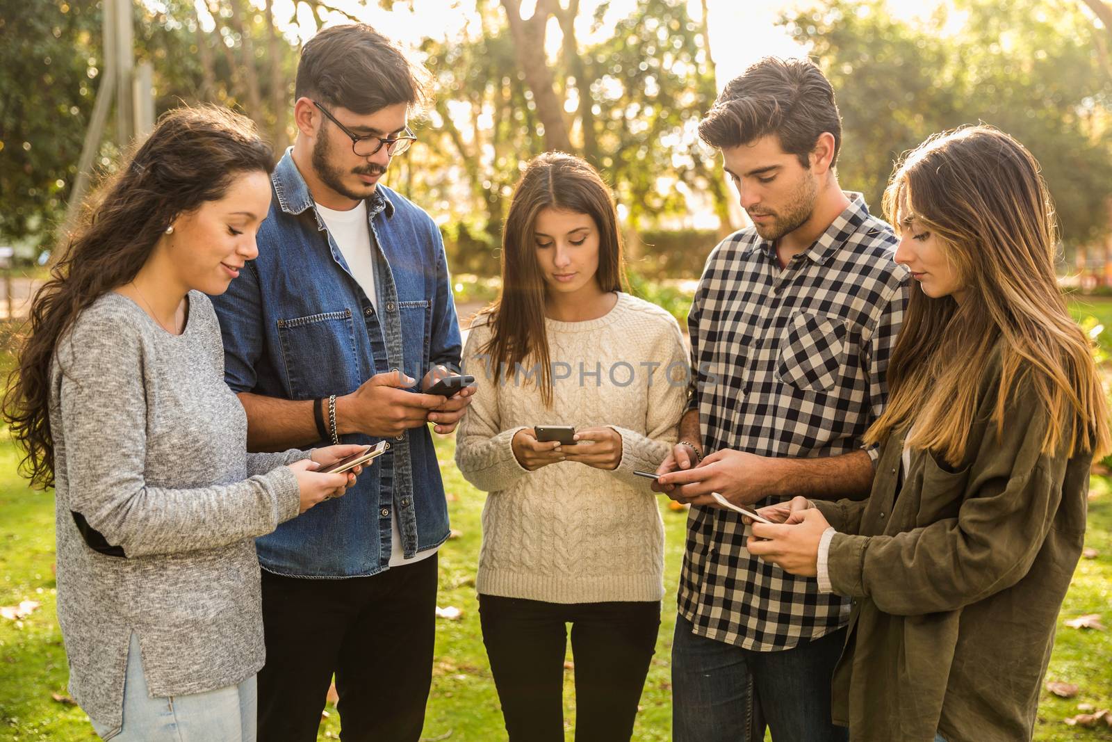 Group of friends in the park hanging out on social networks