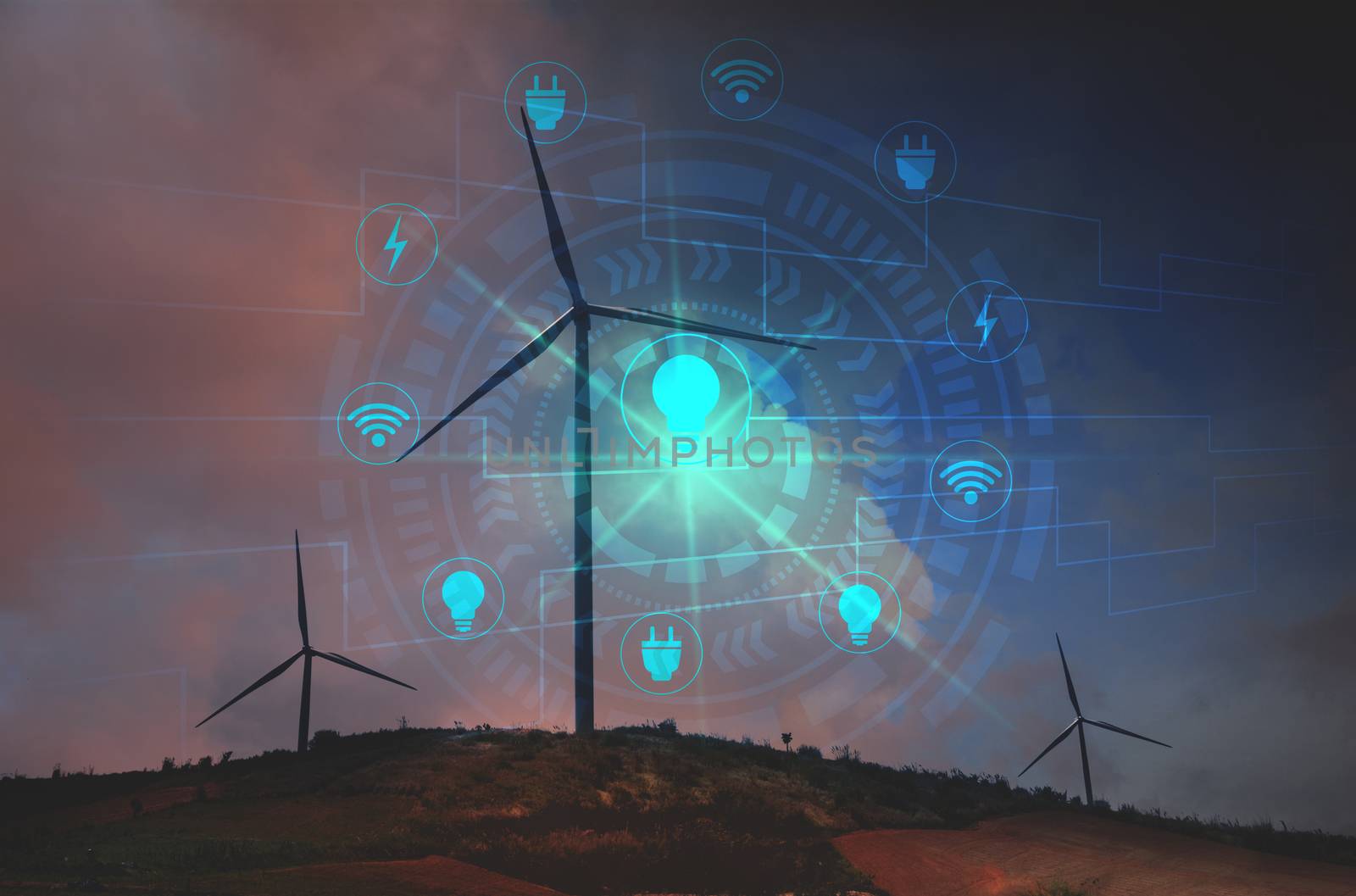 Wind turbines with icon virtual screens under the sky for technology concept. Wind turbines generating electricity.