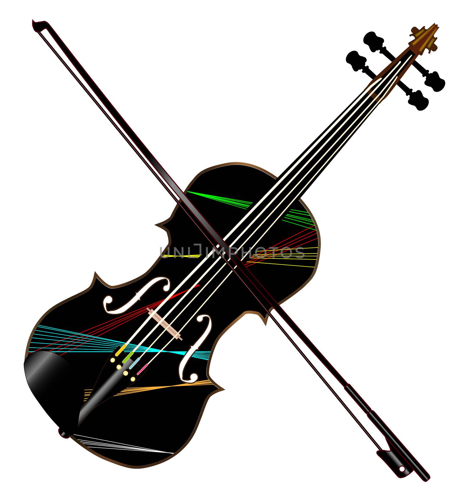 A typical violin with lazer light pattern with bow isolated over a white background