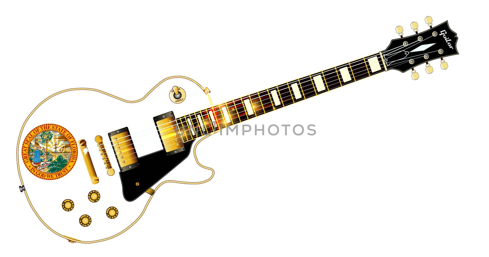 The definitive rock and roll guitar with the Florida flag seal flag isolated over a white background.