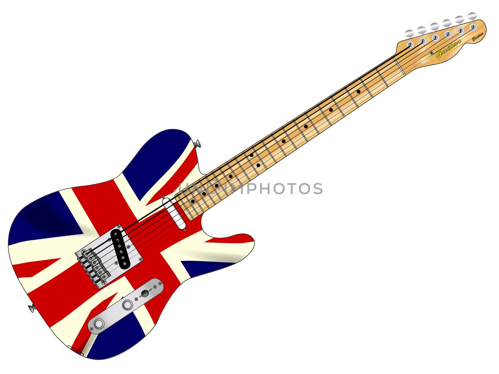 A classic electric guitar with the Union Jack flag over white