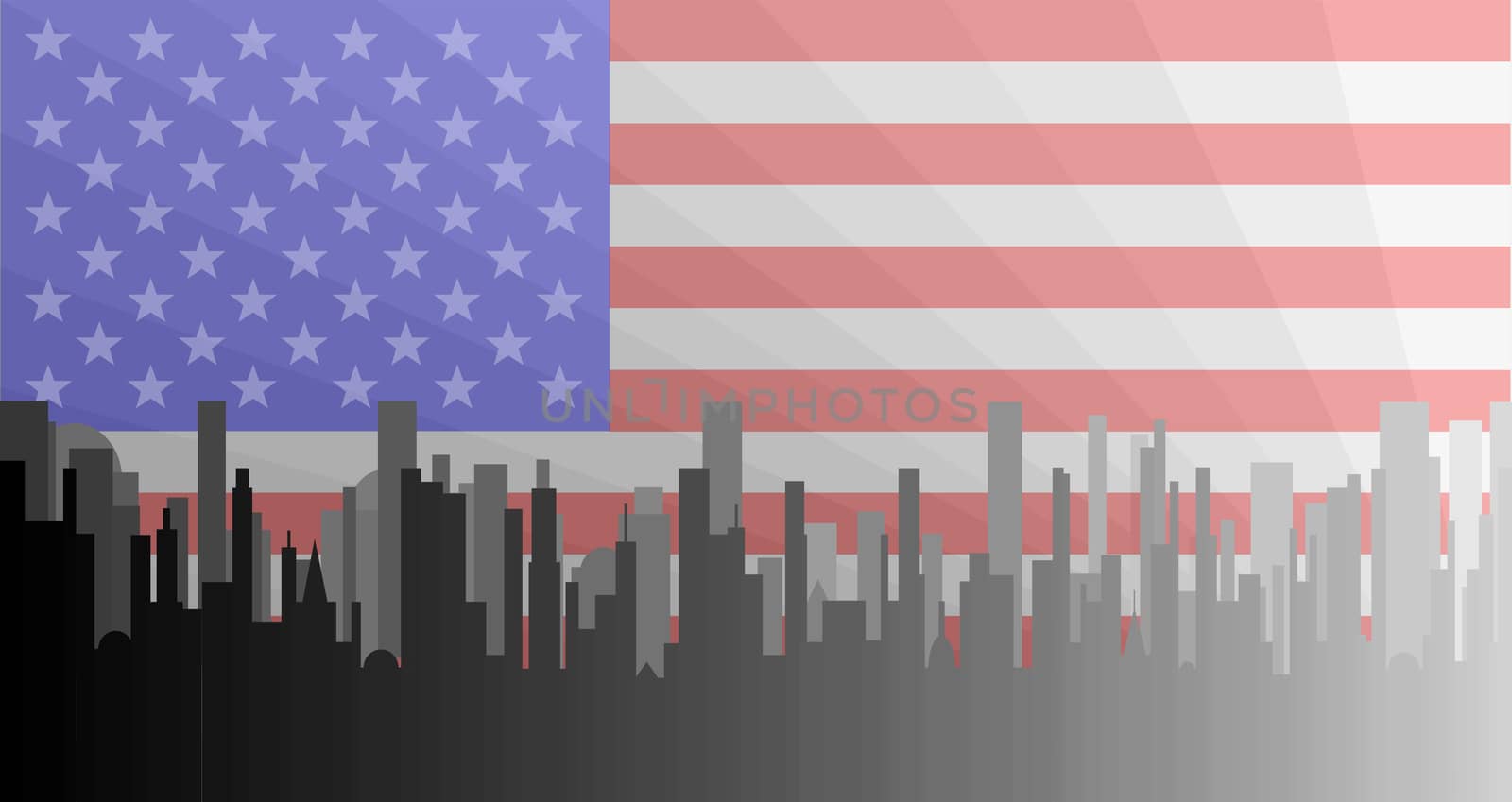 A grey cityscape shown in grey and silhouette with the Stars and Stripes underlay