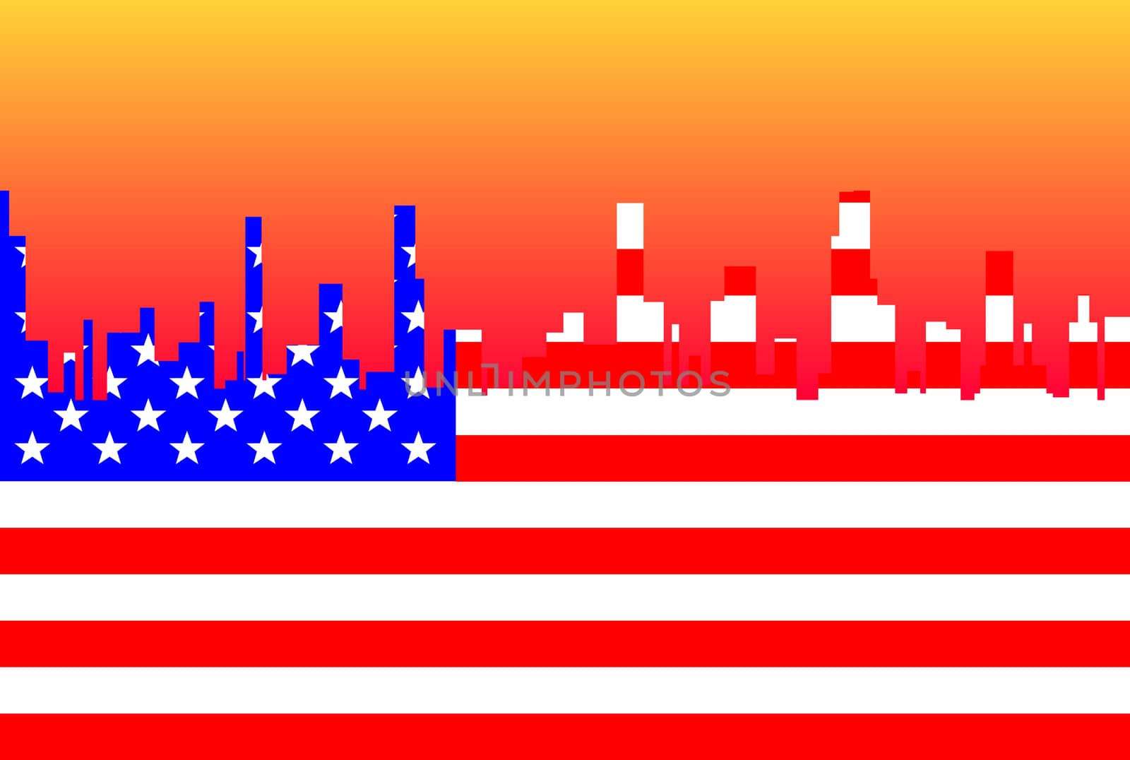 A cityscape in the colors of the Stars and Stripes flag