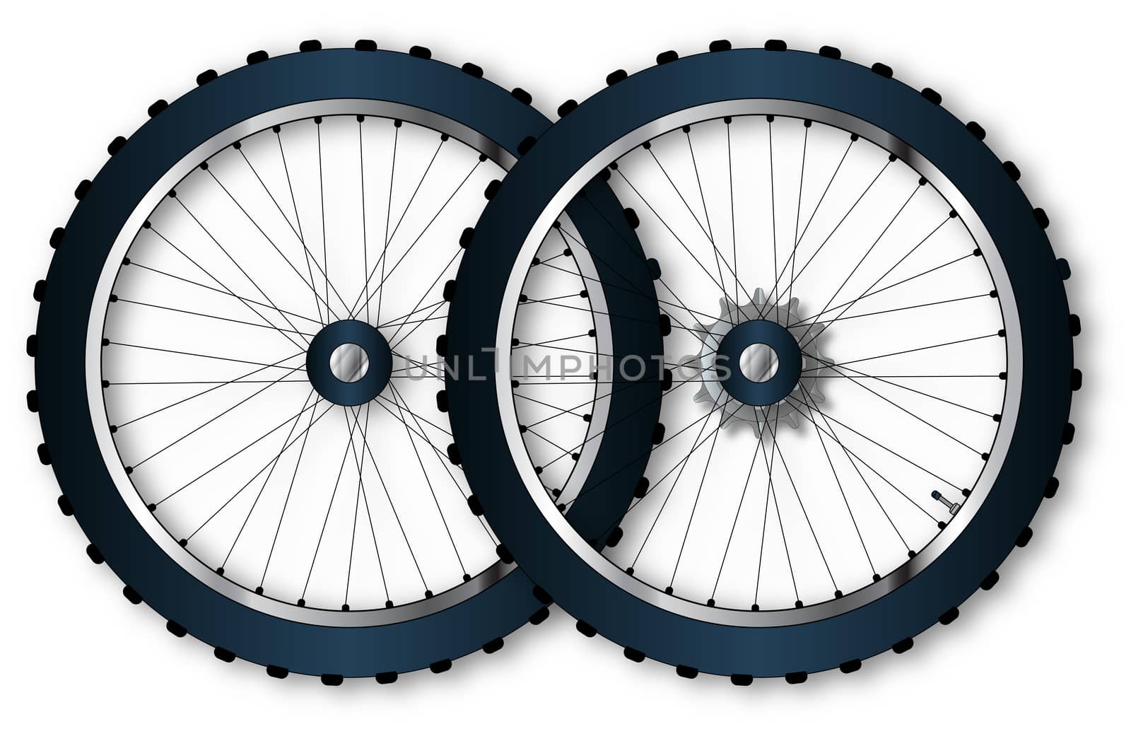 A pair of knobly tyres from a bicycle wheel with driving gear valve and spoke nipples.