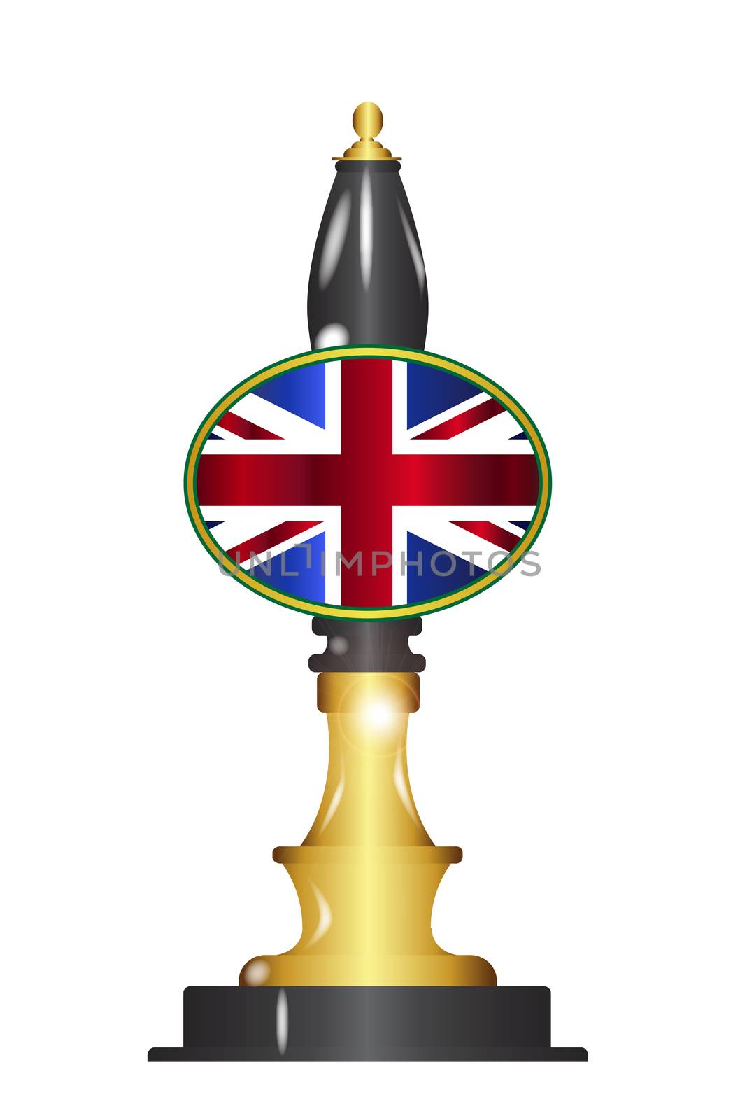 A traditional and typical beer pump with Union Jack flag over a white background
