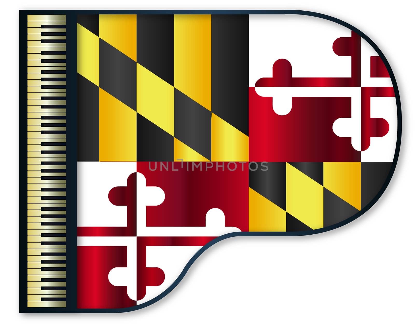 The Maryland state flag set into a traditional black grand piano