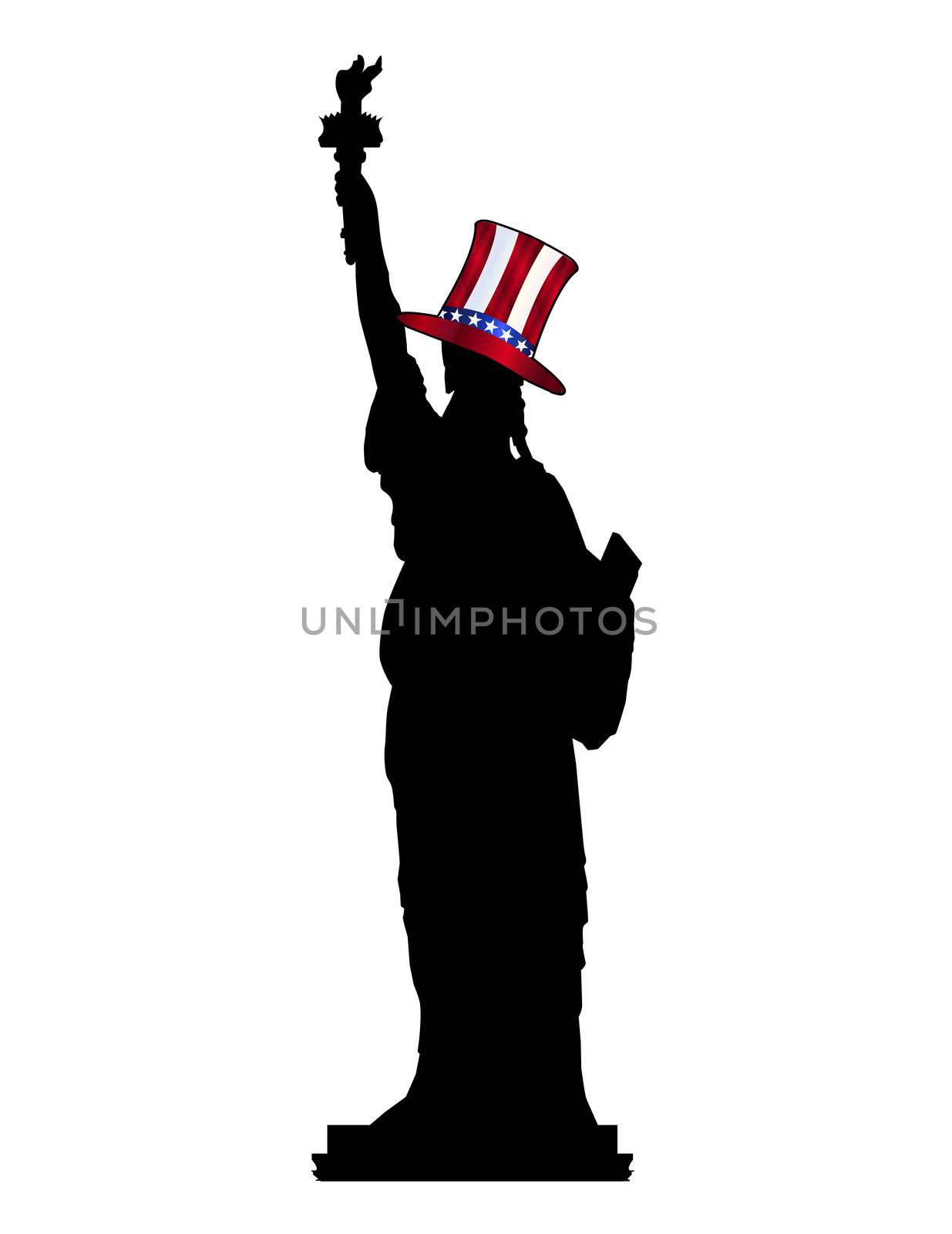 A silhouette of the Statue of Liberty wearing Uncle Sam's hat isolated over a white background