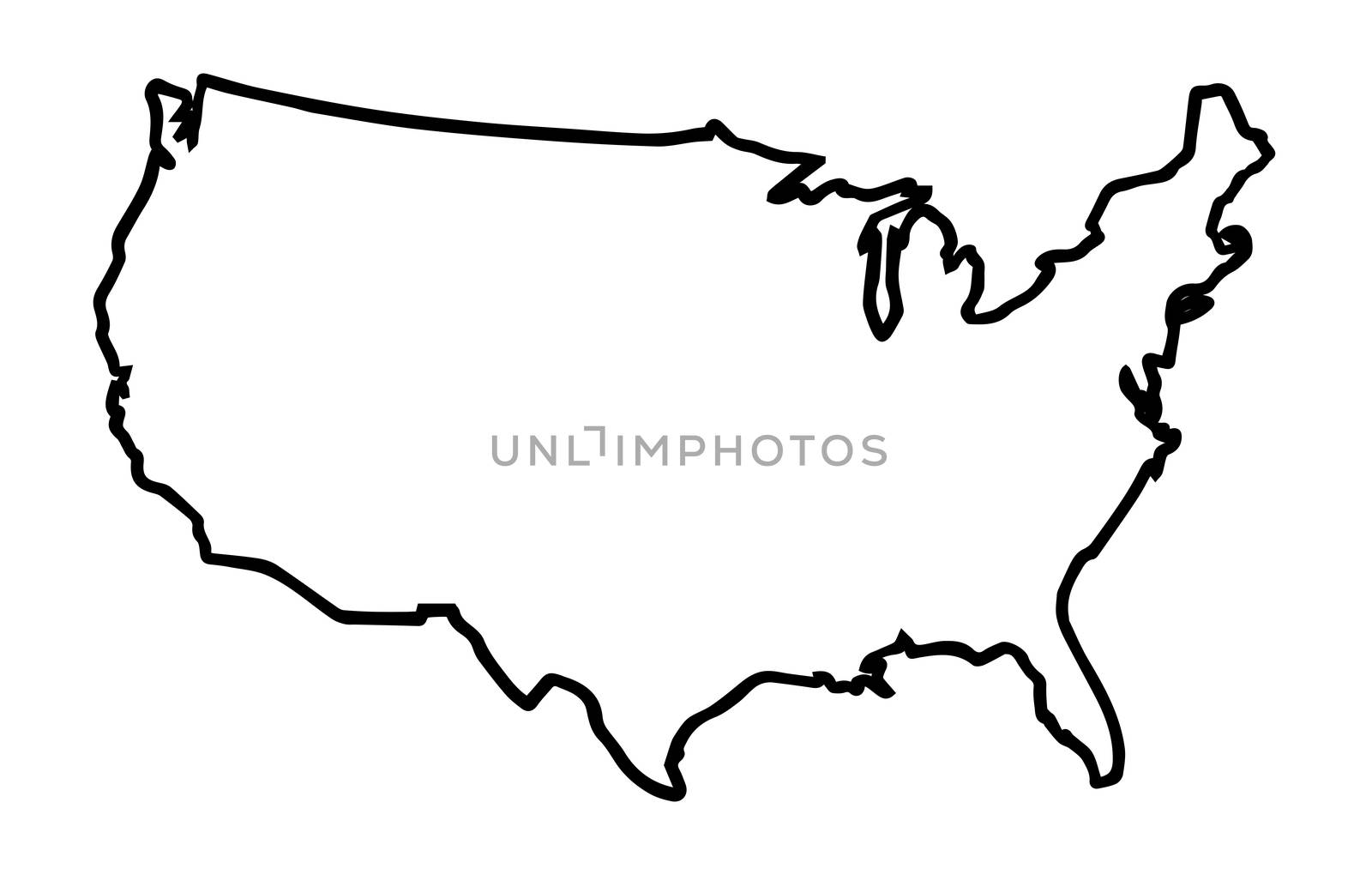 A broader outline map of the United States of America over a white background