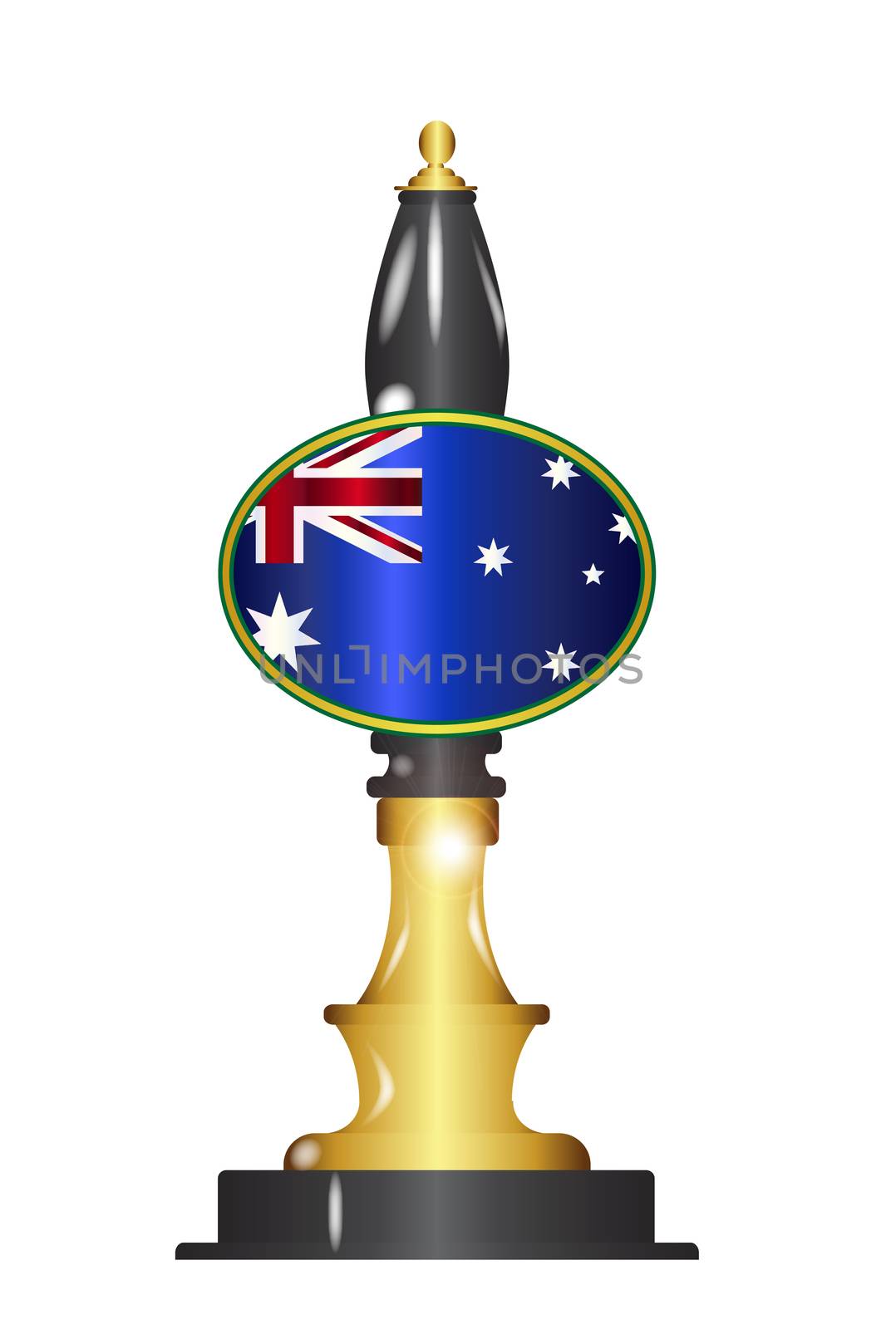 A traditional and typical beer pump with the Australian flag over a white background