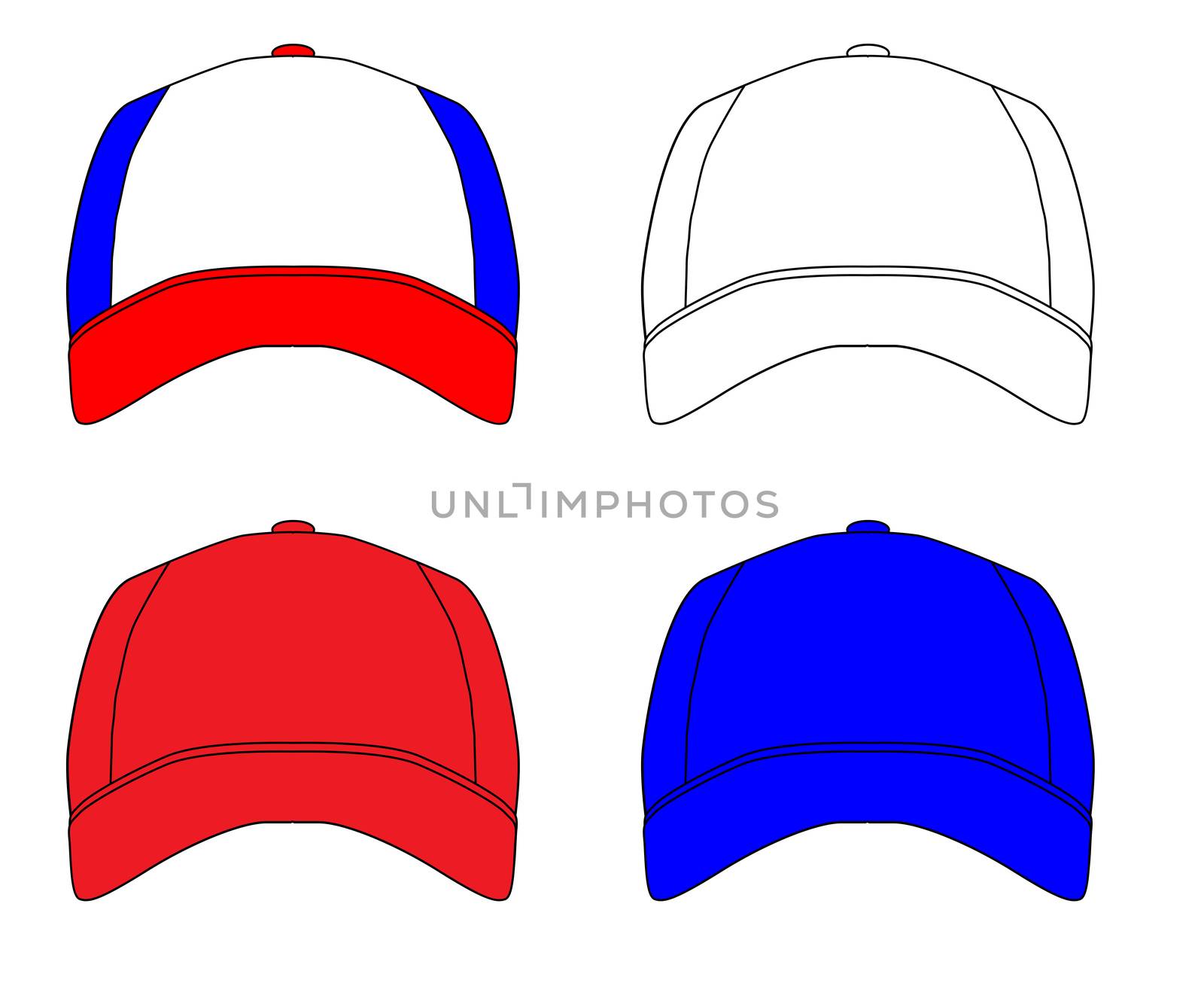 Red white and blue typical baseball caps with no logo or badge