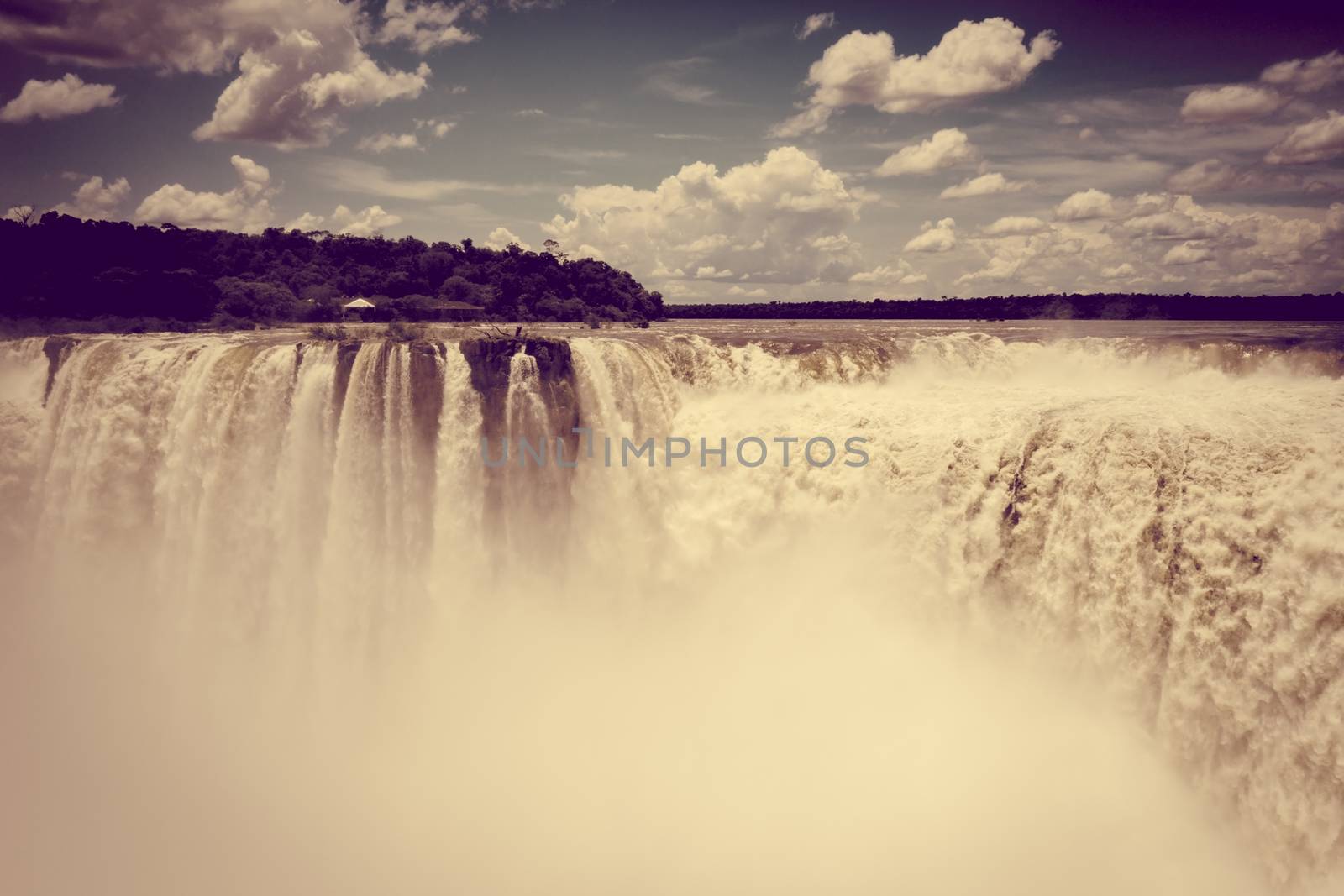 iguazu falls national park. tropical waterfalls and rainforest landscape. Vintage effect