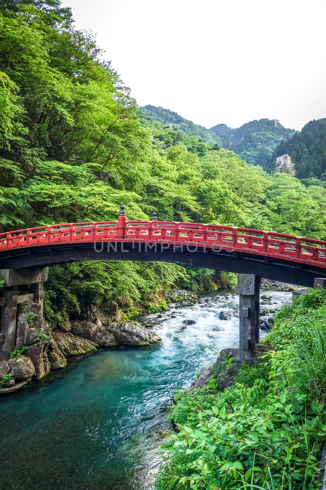 Futarasan jinja. Red wooden Shinkyo bridge, Nikko, Japan