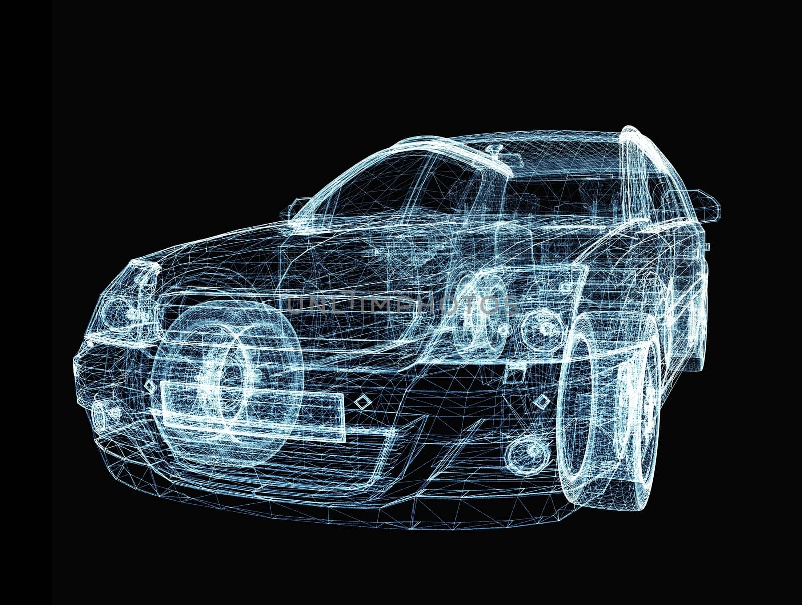 Abstract car consisting of luminous lines and dots. 3d illustration on a black background