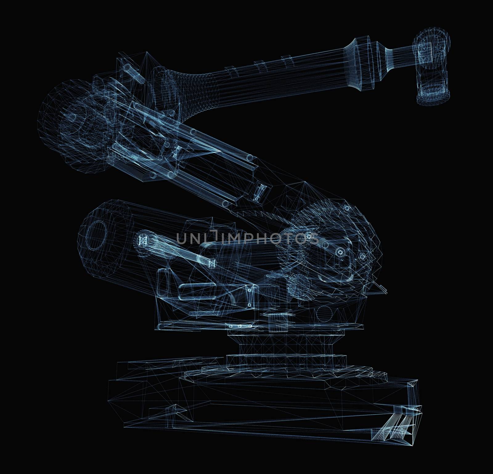 Industrial robot arm consisting of luminous lines and dots. 3d illustration on a black background