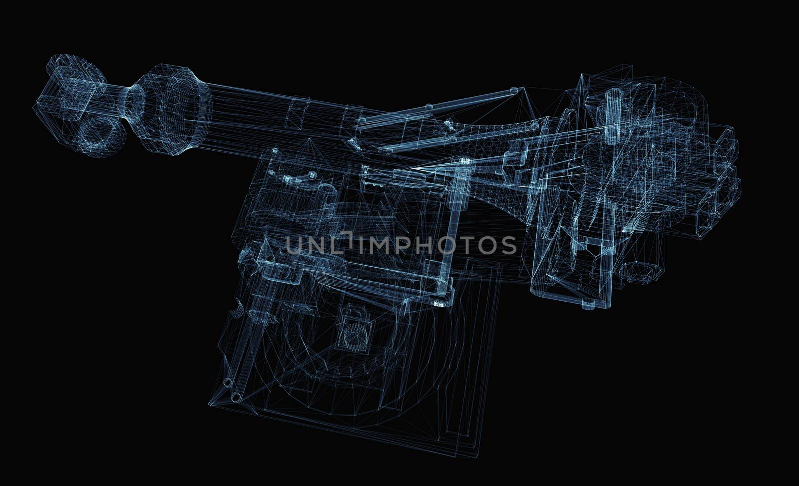 Industrial robot arm consisting of luminous lines and dots. 3d illustration on a black background