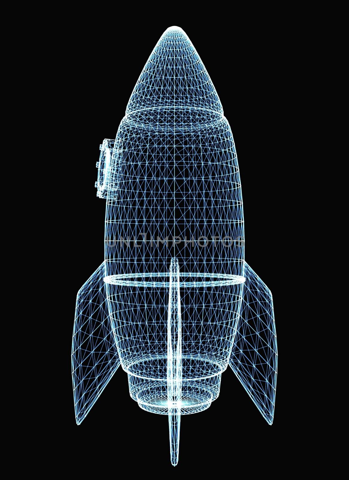Rocket consisting of luminous lines and dots. 3d illustration on a black background
