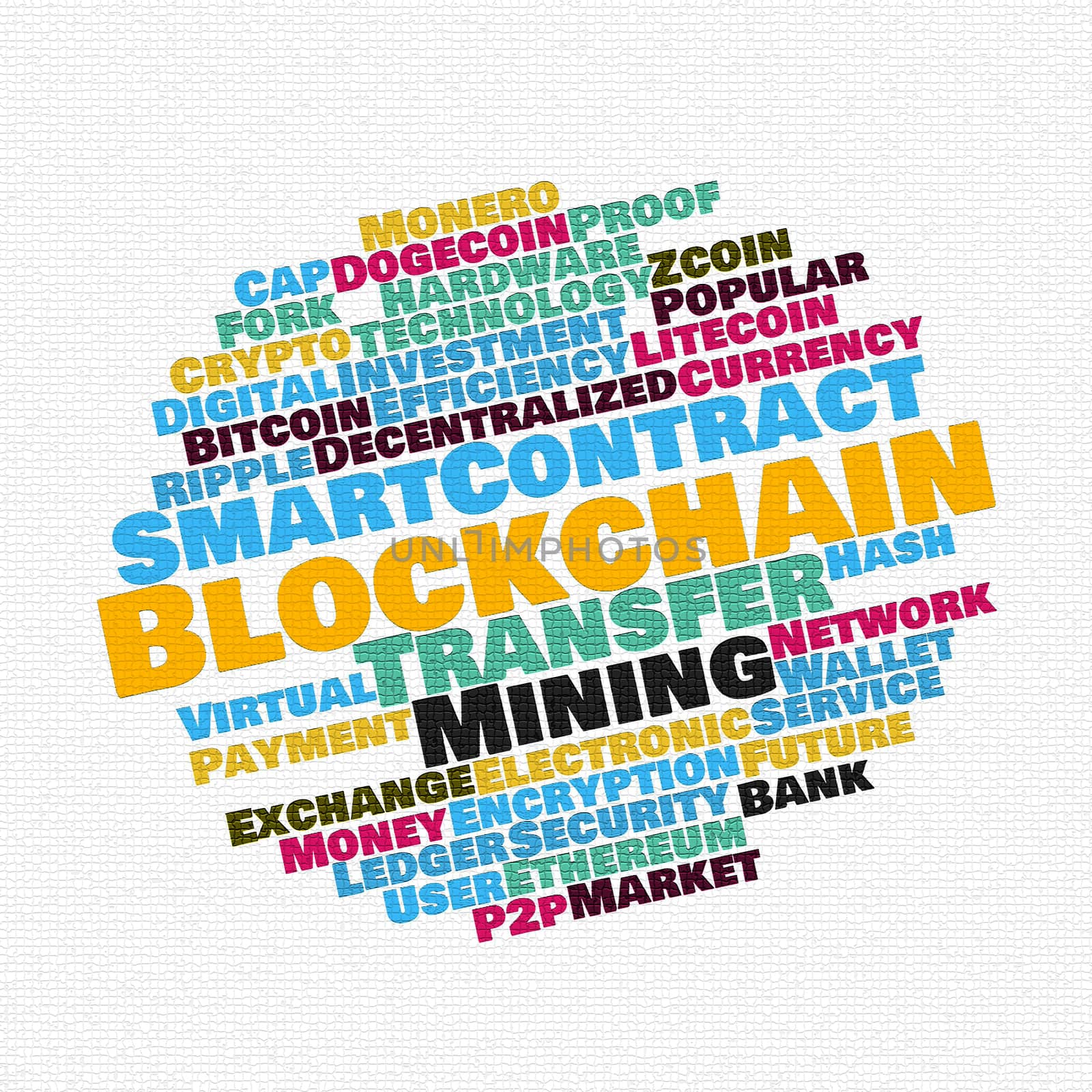 Blockchain wordcloud concept on mosaic white background