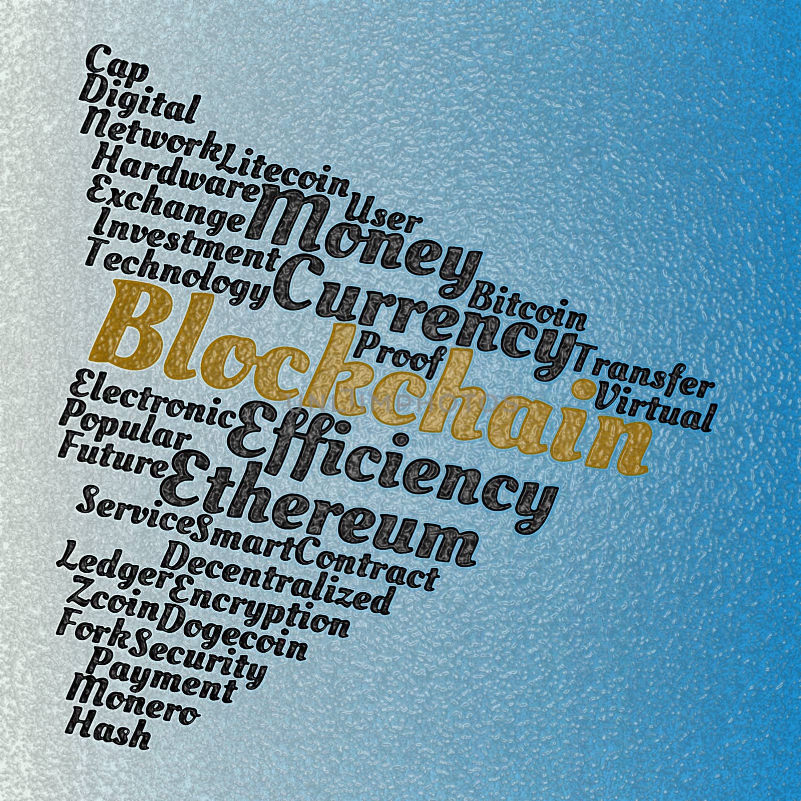 Blockchain wordcloud concept on blue background