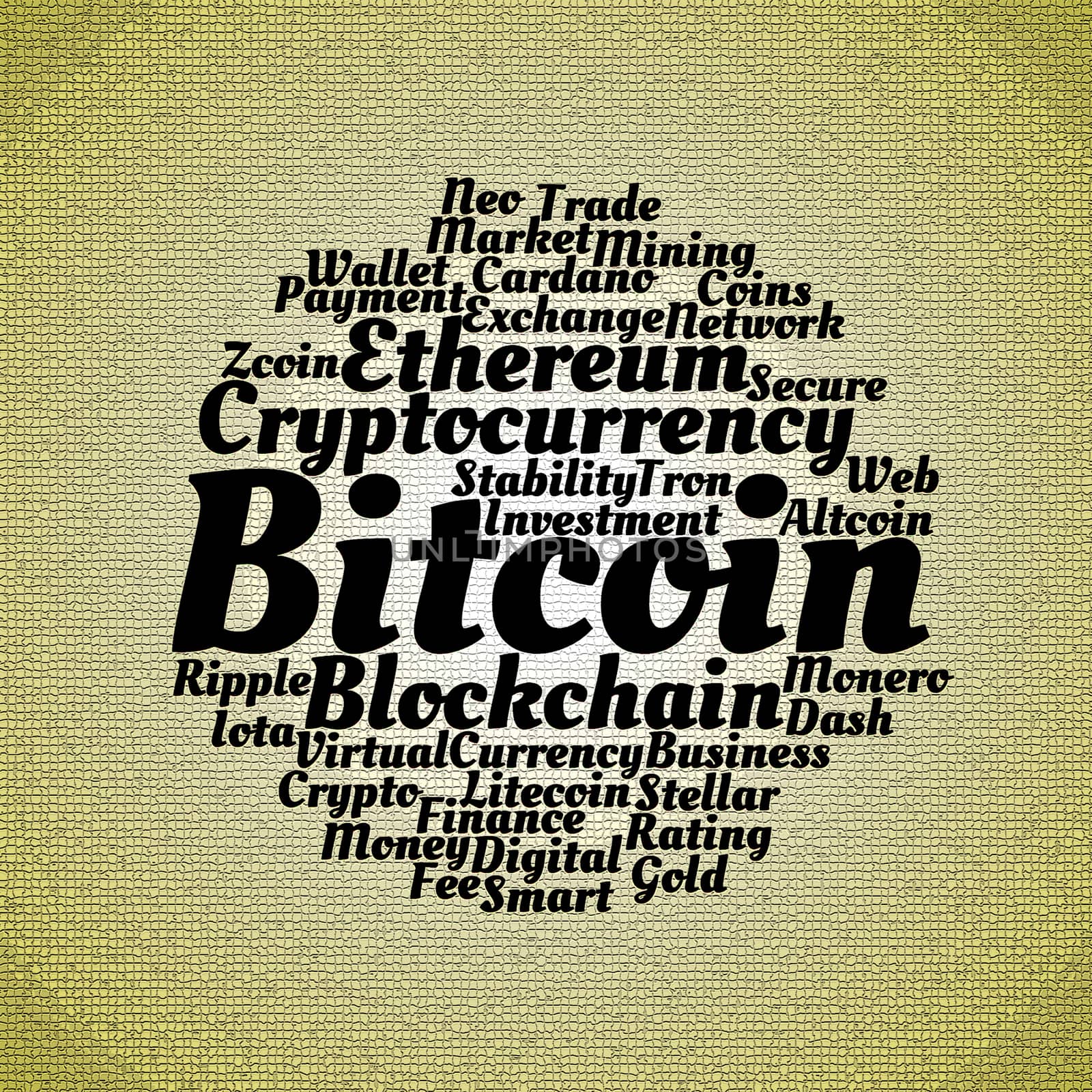 Bitcoin wordcloud concept on mosaic dark background