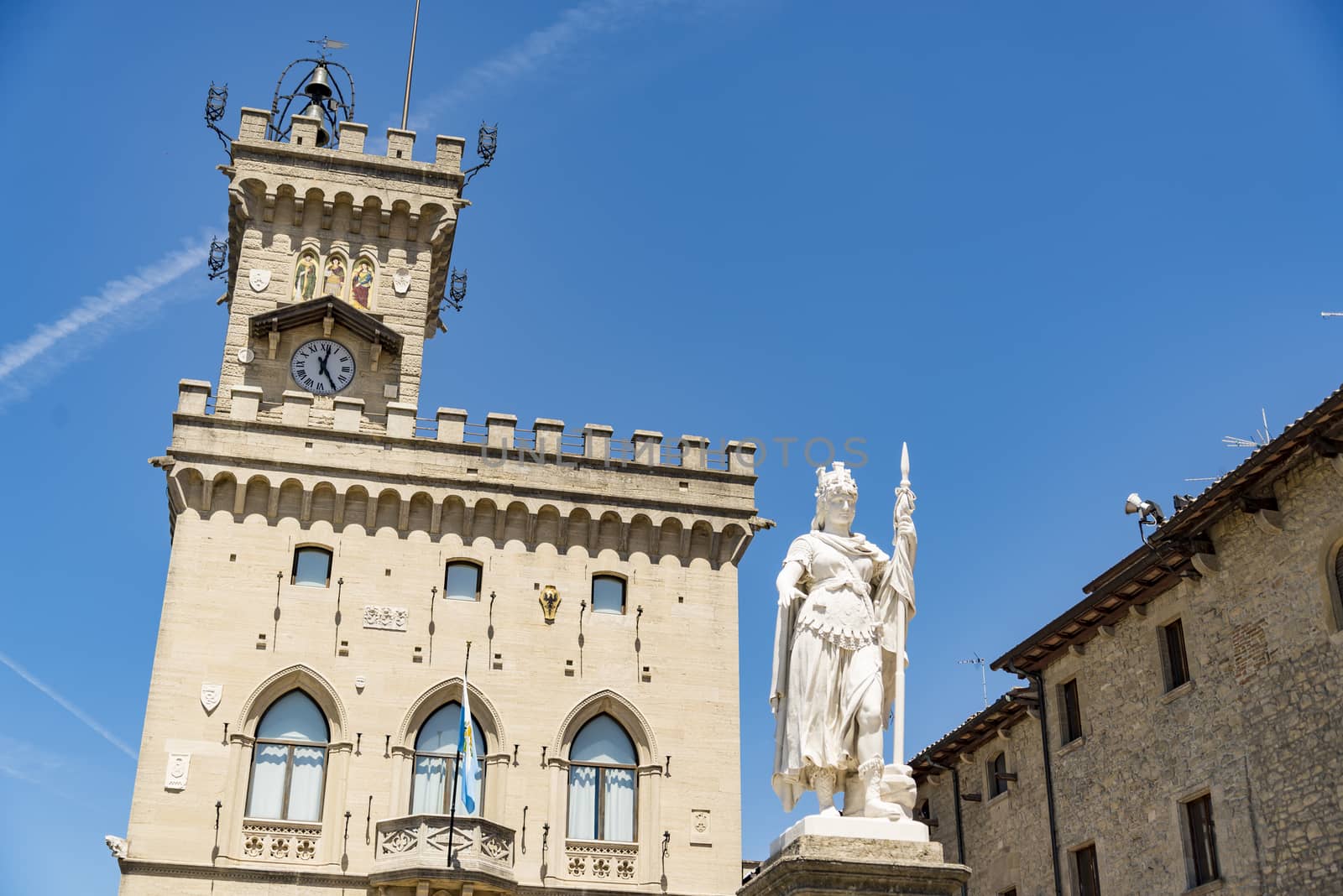 Central square of San Marino with the Public Palace and statue of Liberty in Sam Marino Republic