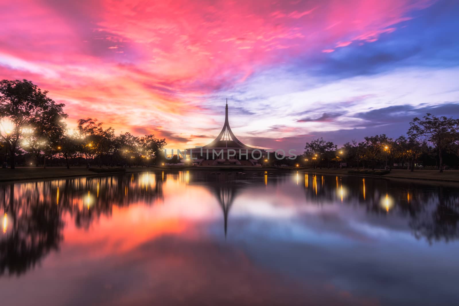 Beautiful public parkland Suan Luang R.9 in Bangkok Thailand in Sunset twilight time