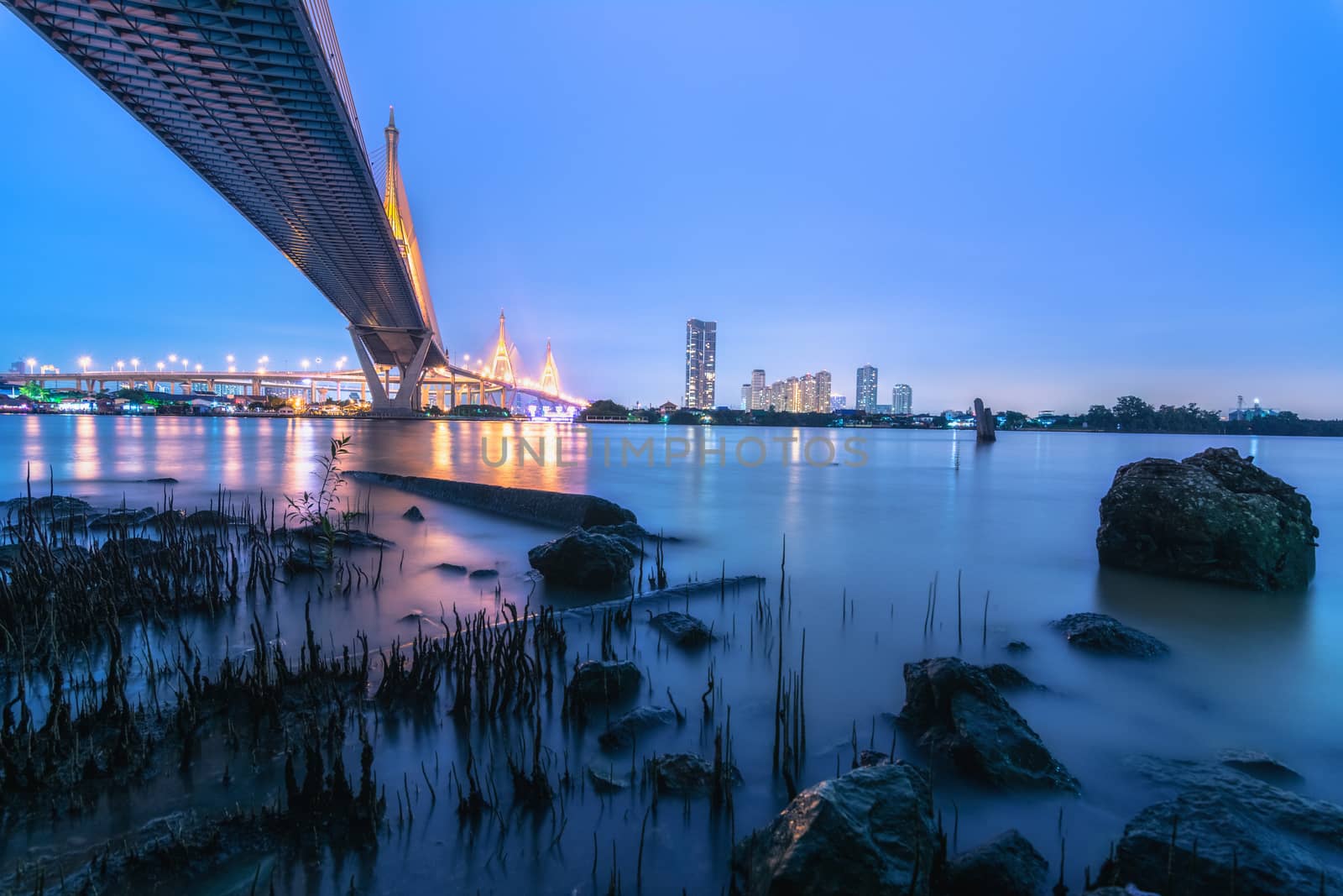 Undaer Bhumibol Bridge and riverside view cityscape, Bangkok, Thailand