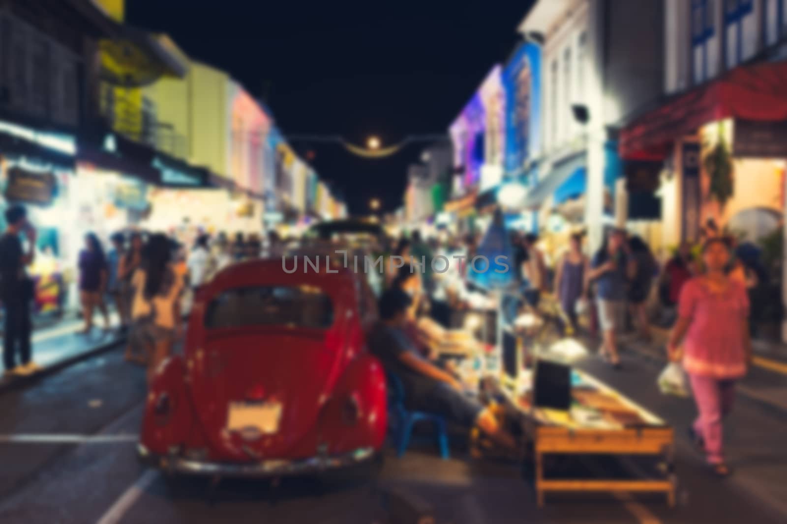 Abstract blur background of people order and eating meal at street food market