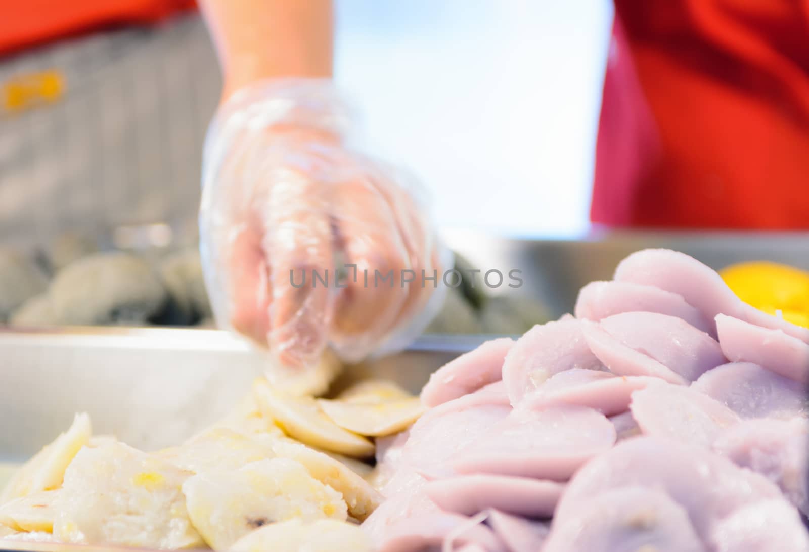 Hand Chef catch thai dessert banana tart,Selective focus thai banana tarts