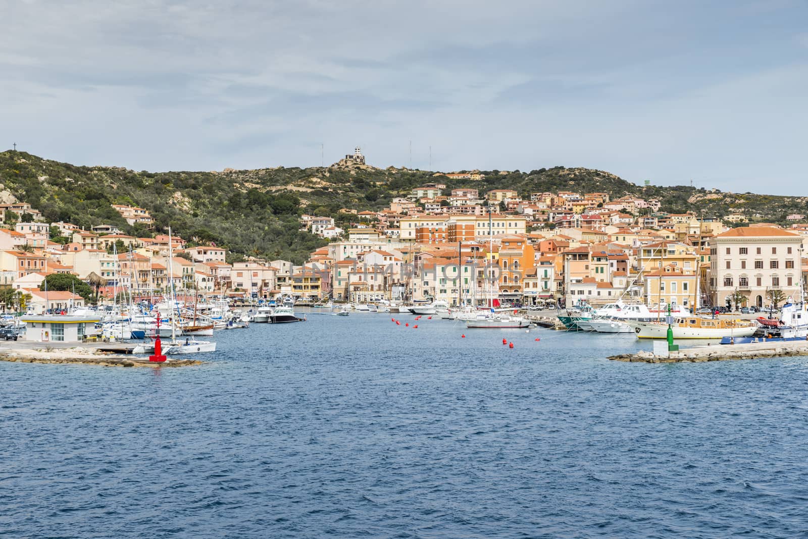 La Maddalena village seen from the water in La Maddalena island, Sardinia, Italy, you arrive this island with the ferry from Palua on the italien island of sardinia