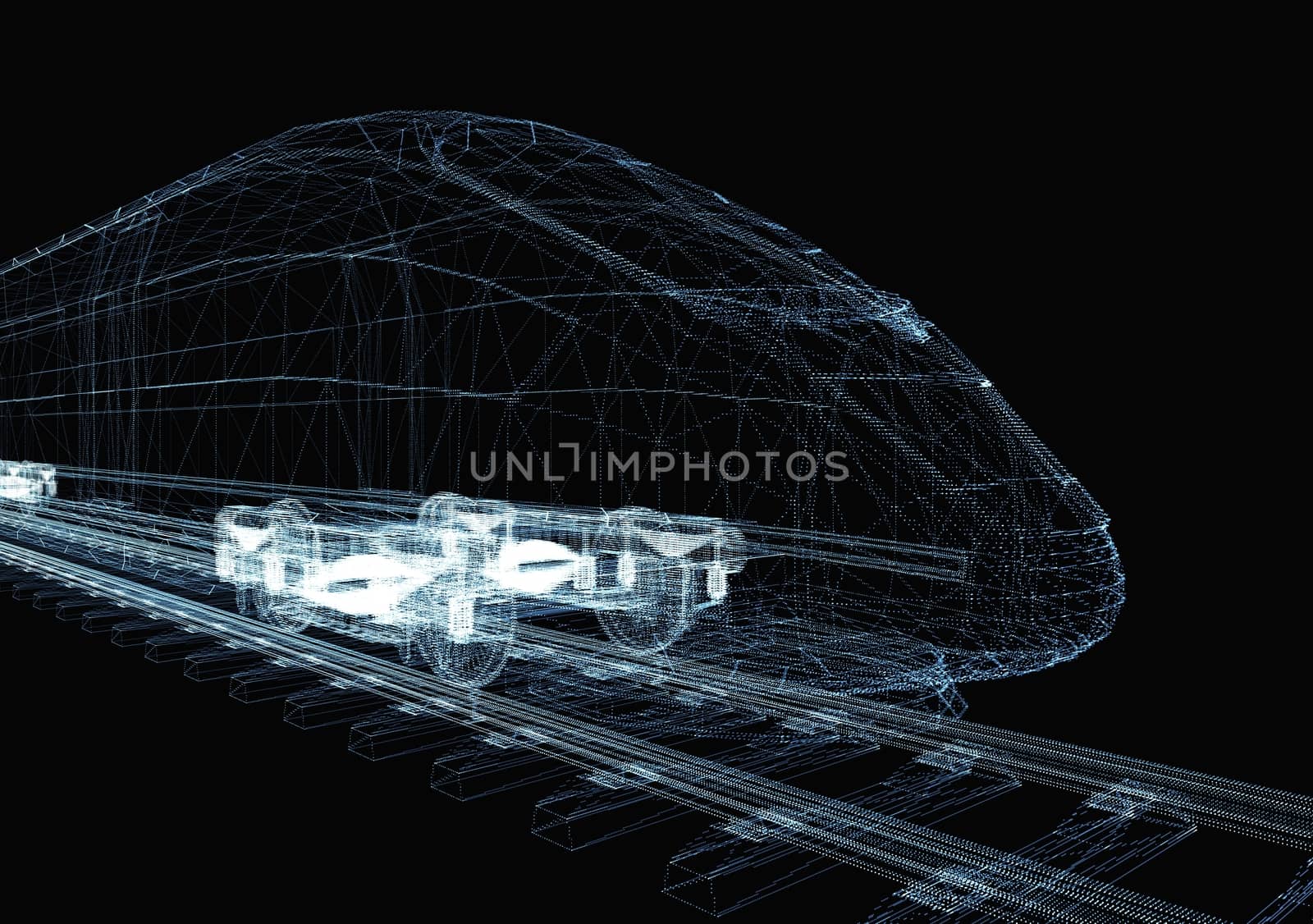 Abstract polygonal high-speed passenger train. Traveling concept. 3d illustration on black background. Digital wire-frame high-speed train