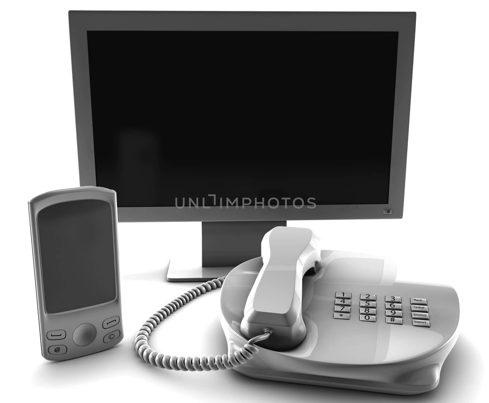 A bundle of TV cell and fix phone  isolated on white