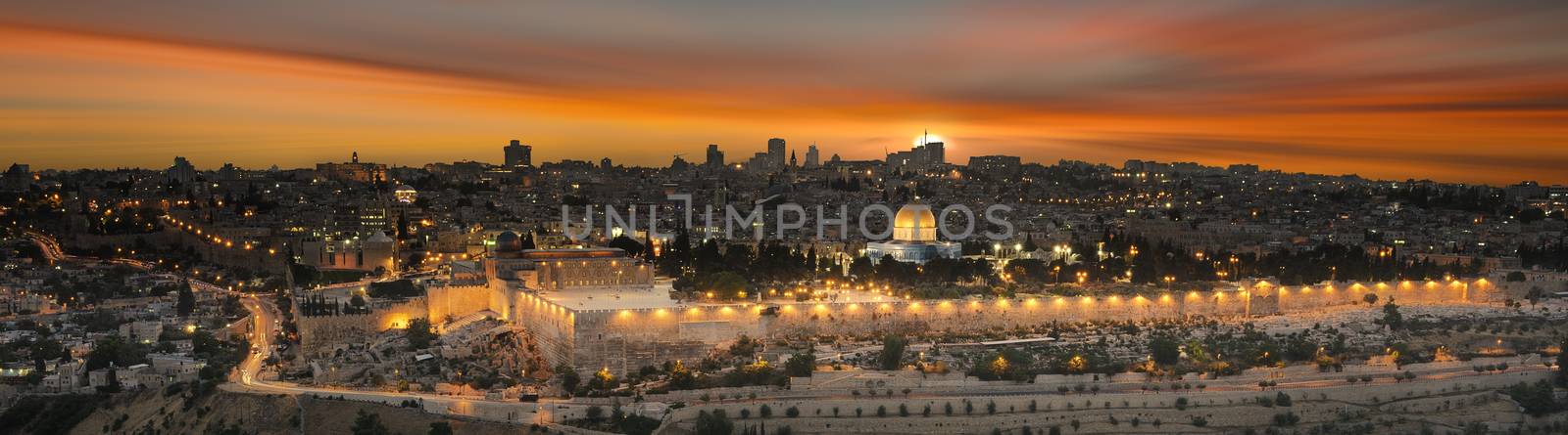 View to Jerusalem old city at sunset. Israel